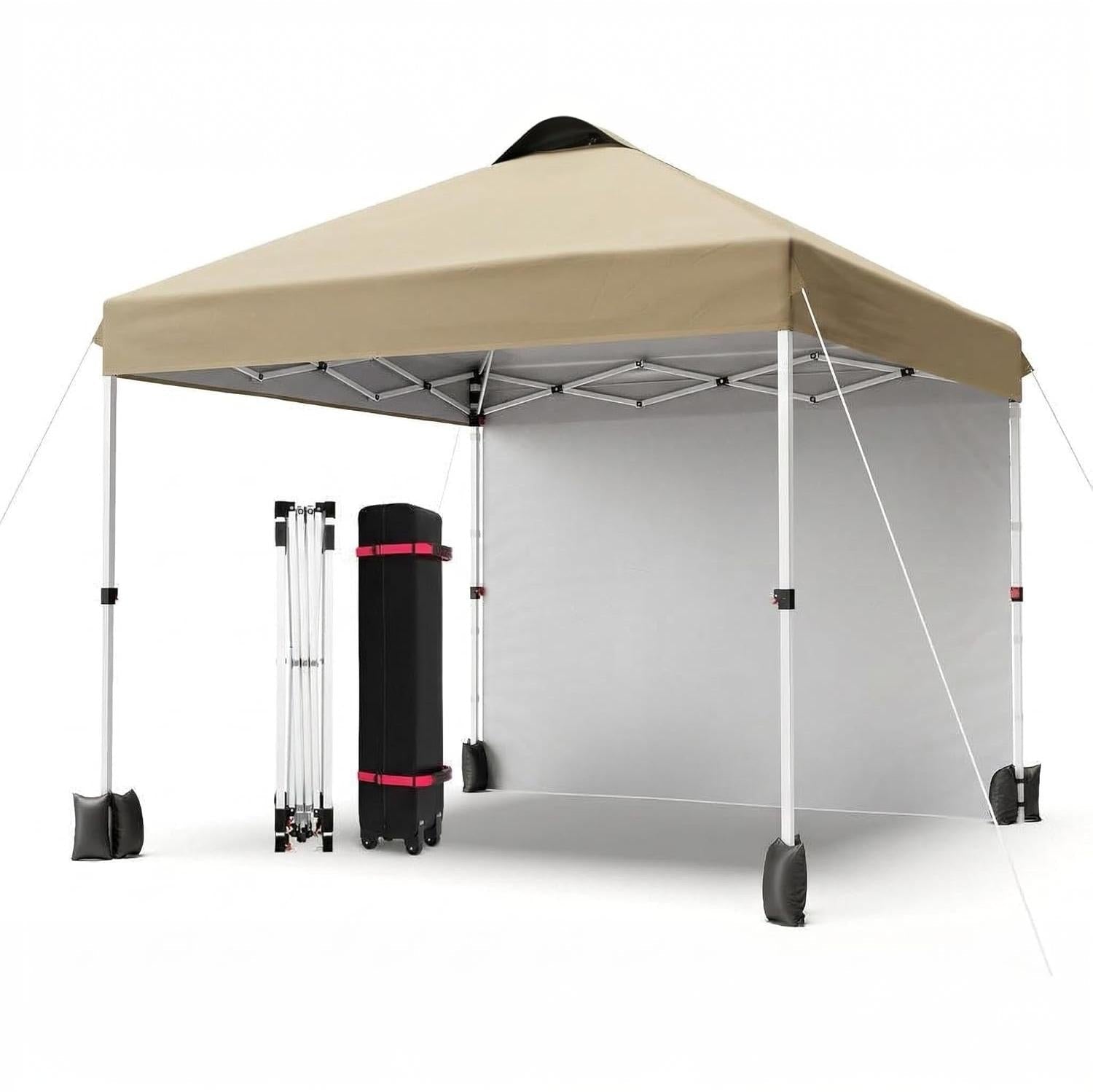 Garvee 10x10 Pop Up Canopy Tent with Sidewall, Instant Outdoor Canopy Shelter with Vented Roof, One Push Easy Setup Gazebo Includes Wheeled Storage Bag, Sandbags, Stakes & Ropes for Camping, Picnic & Backyard, Khaki
