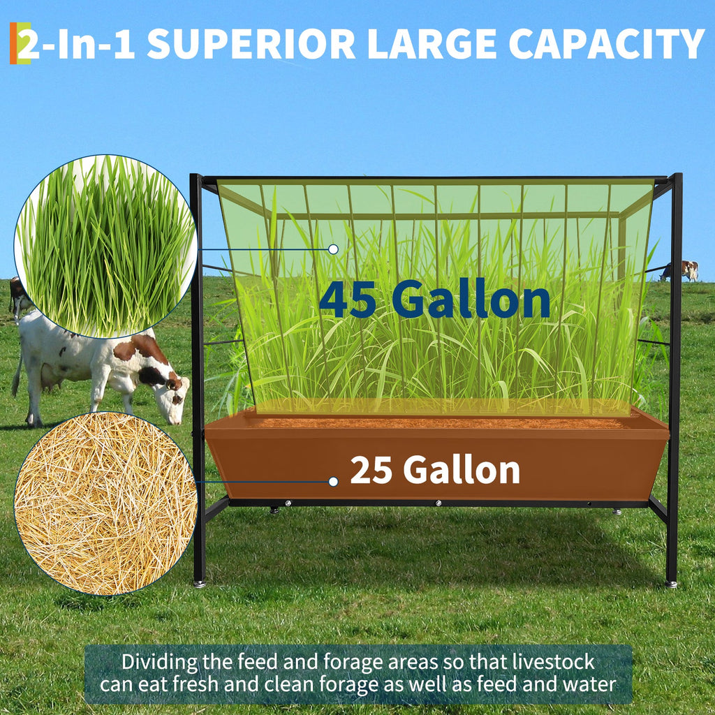 Garvee Heavy Duty 2-in-1 Livestock Hay and Grain Feeder Set – Durable Steel Multi-Sided Trough, 45 Gallon Hay Rack with 24 Gallon Feed Pan – Large Capacity, Weather-Resistant for Goats, Sheep, Horses, Cows, Calves – Ideal for Pasture or Stable – 45+25