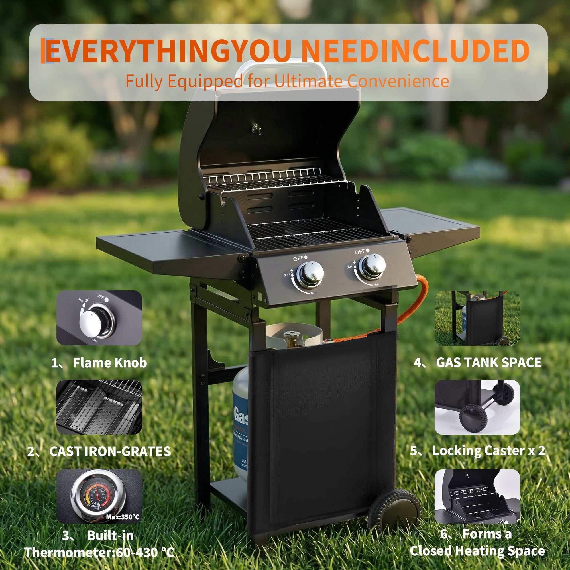 Garvee 2-Burner Propane Gas Grill – 16,000 BTU Matte Black BBQ Cart Grill with Cast Iron Grates, Foldable Side Tables, Built-in Thermometer & Warming Rack for Patio, Tailgating, Camping