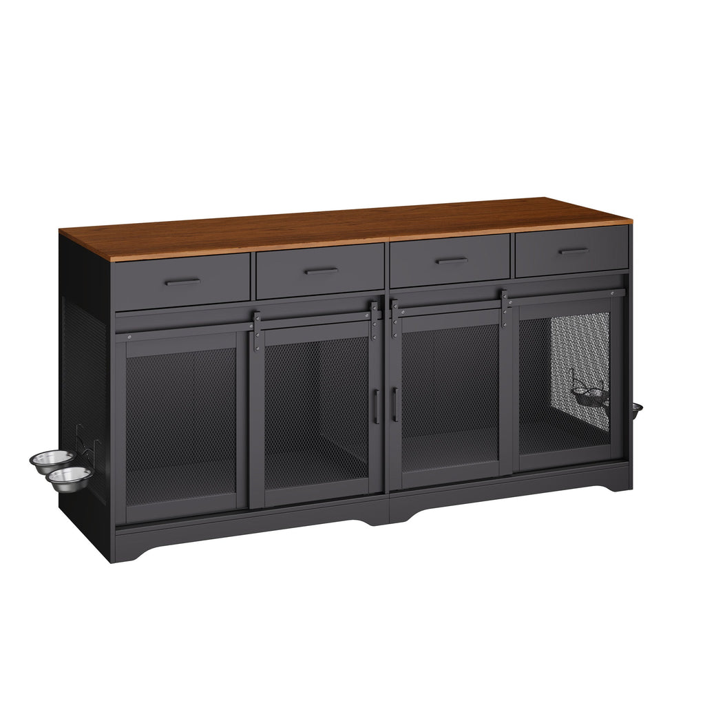 Garvee Multi-Functional Dog Crate Furniture for Medium/Large Dogs – 71'' Indoor Kennel Cage with 4 Sliding Doors, 4 Drawers & Feeding Bowls – Furniture-Style, Walnut+Black – US Spec, Color: Walnut+Black