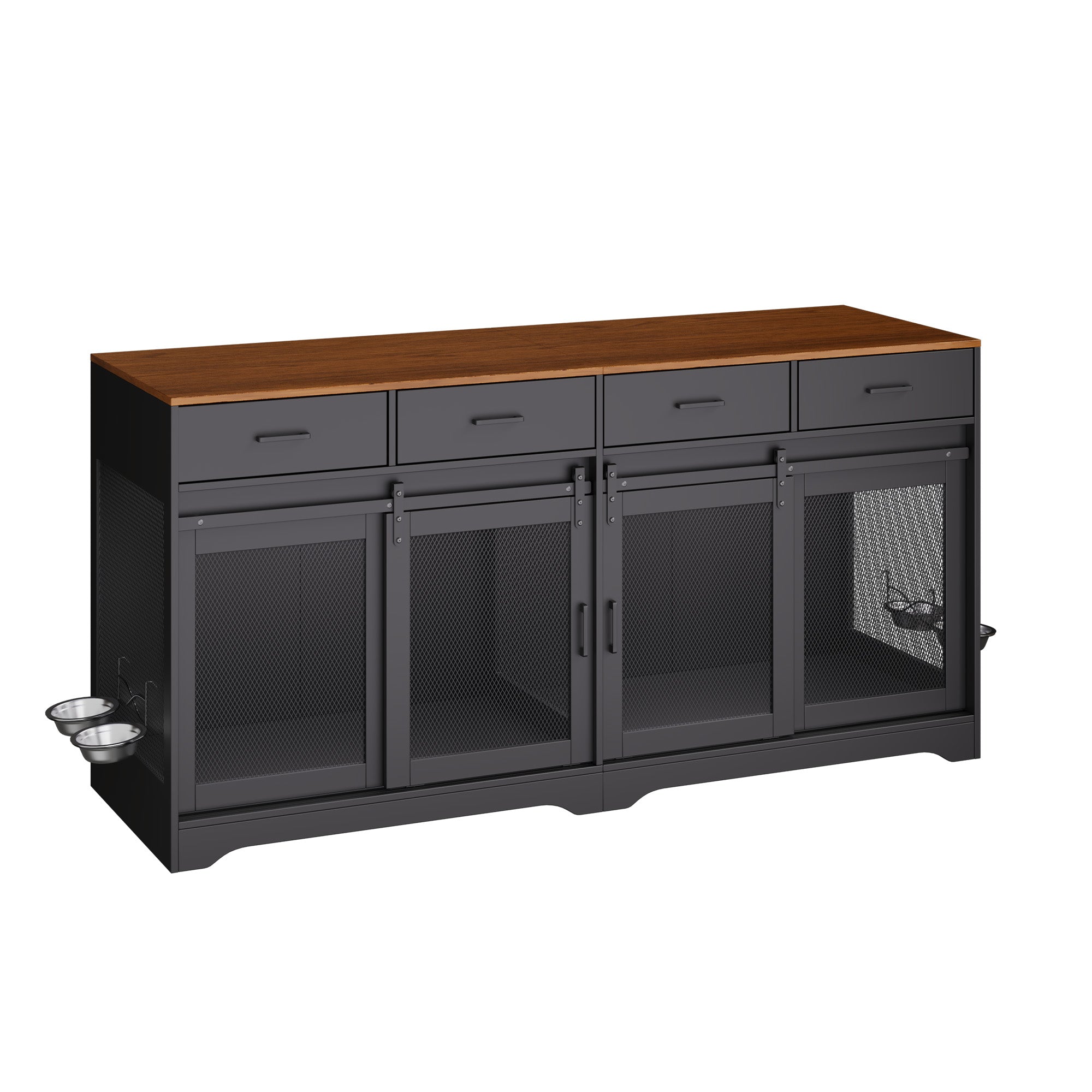Garvee Multi-Functional Dog Crate Furniture for Medium/Large Dogs – 71'' Indoor Kennel Cage with 4 Sliding Doors, 4 Drawers & Feeding Bowls – Furniture-Style, Walnut+Black – US Spec, Color: Walnut+Black