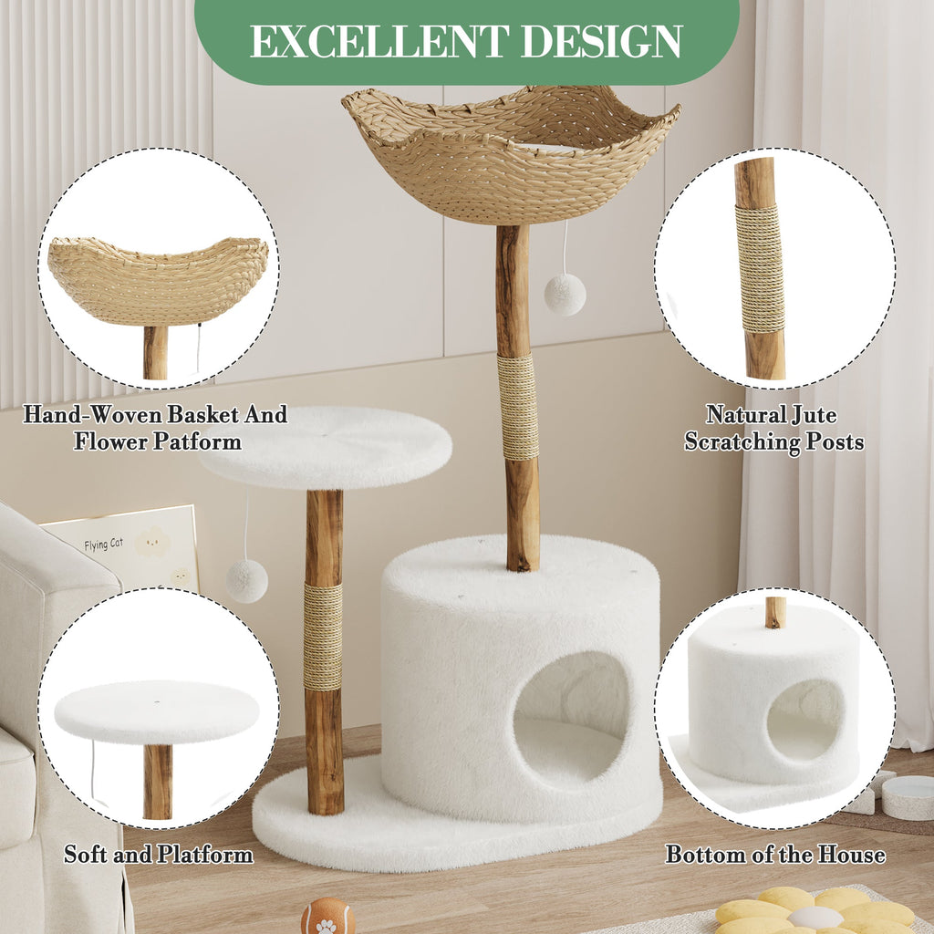Garvee 46" Modern Cat Tree for Large Cats, Wood Cat Tree Tower with Scratching Posts, Luxury Cat Condo with Scratching Posts and Flower Platforms, Indoor Furniture for Cat Lover Gifts
