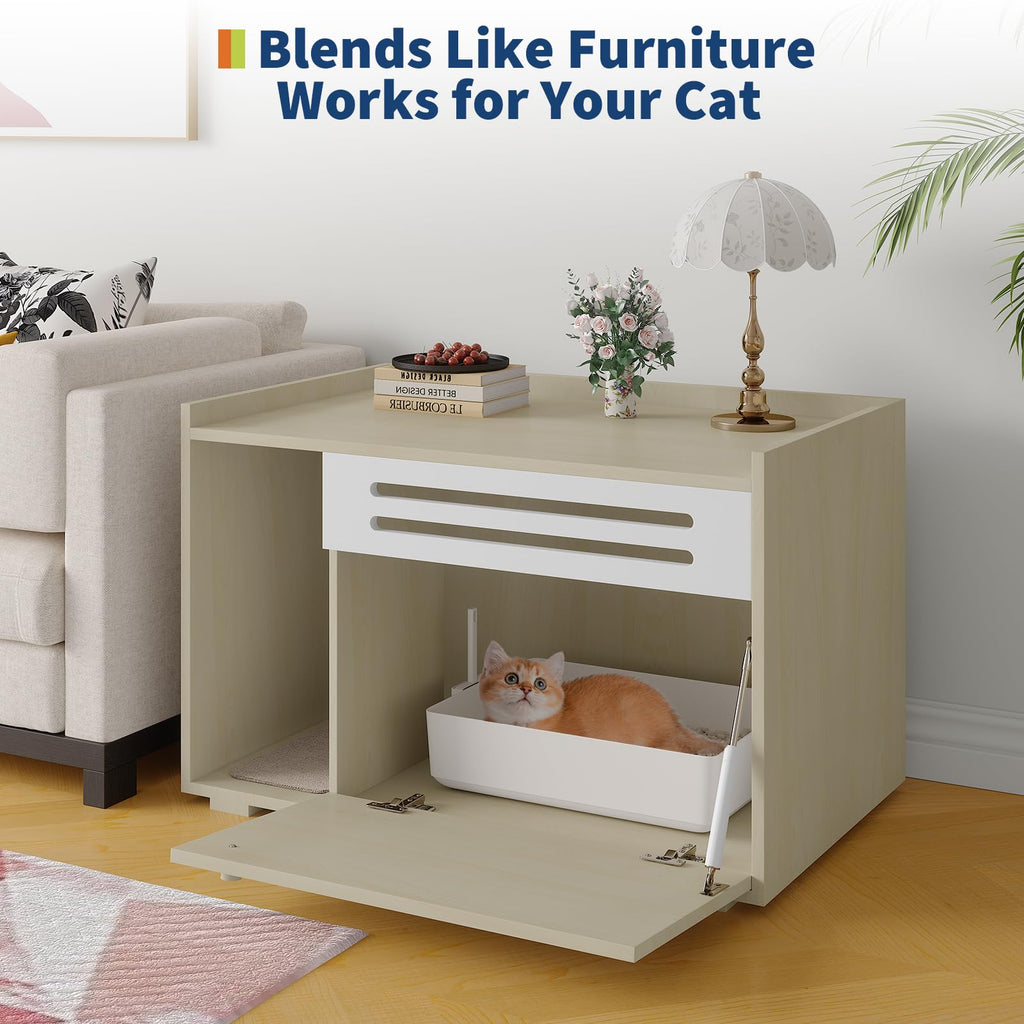 Garvee Dog-Proof & Ventilated Cat Litter Box Enclosure Furniture – Spacious Modern Hidden Wood Cabinet with Turn-Down Door, Easy to Clean, Indoor Pet Privacy House – Wood Color