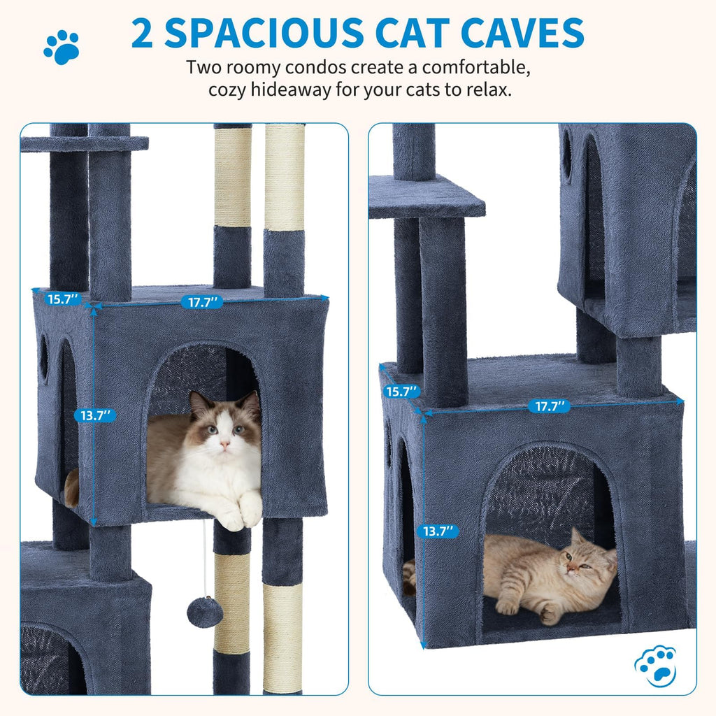 Garvee 61" Multi-Level Cat Tree for Indoor Cats, Heavy-Duty Tower for Large Adult & Maine Coon Cats with Oversized Perch, Dual Condos, Natural Sisal Scratching Posts & Play Toys – Blue