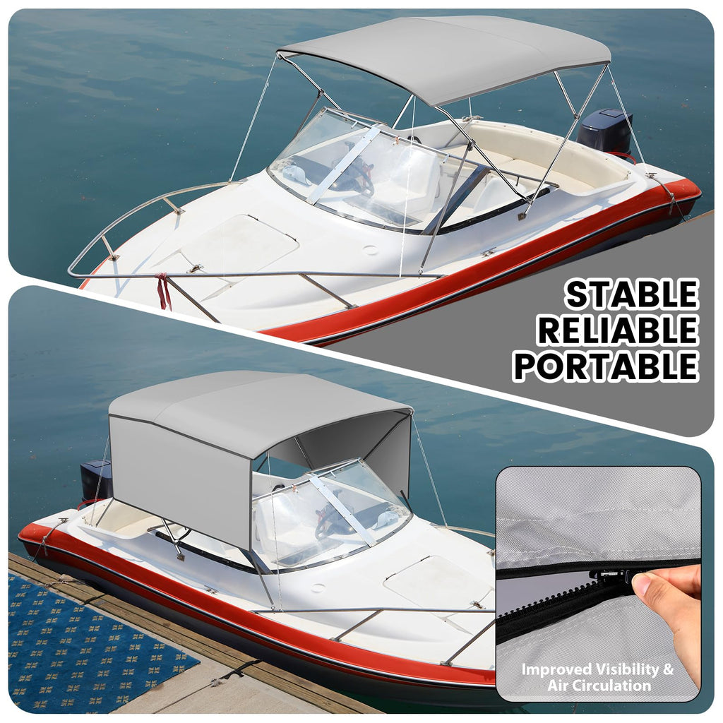Garvee 3 Bow Bimini Top for Boats – Marine-Grade 600D Waterproof Polyester Canopy with Adjustable Aluminum Frame, Removable Mesh Side Curtains, Sun Shade Protection, Rear Support Poles, Straps, Storage Bag – Grey – Size: 6'×67-72"×46" – 4-Wind Rope,