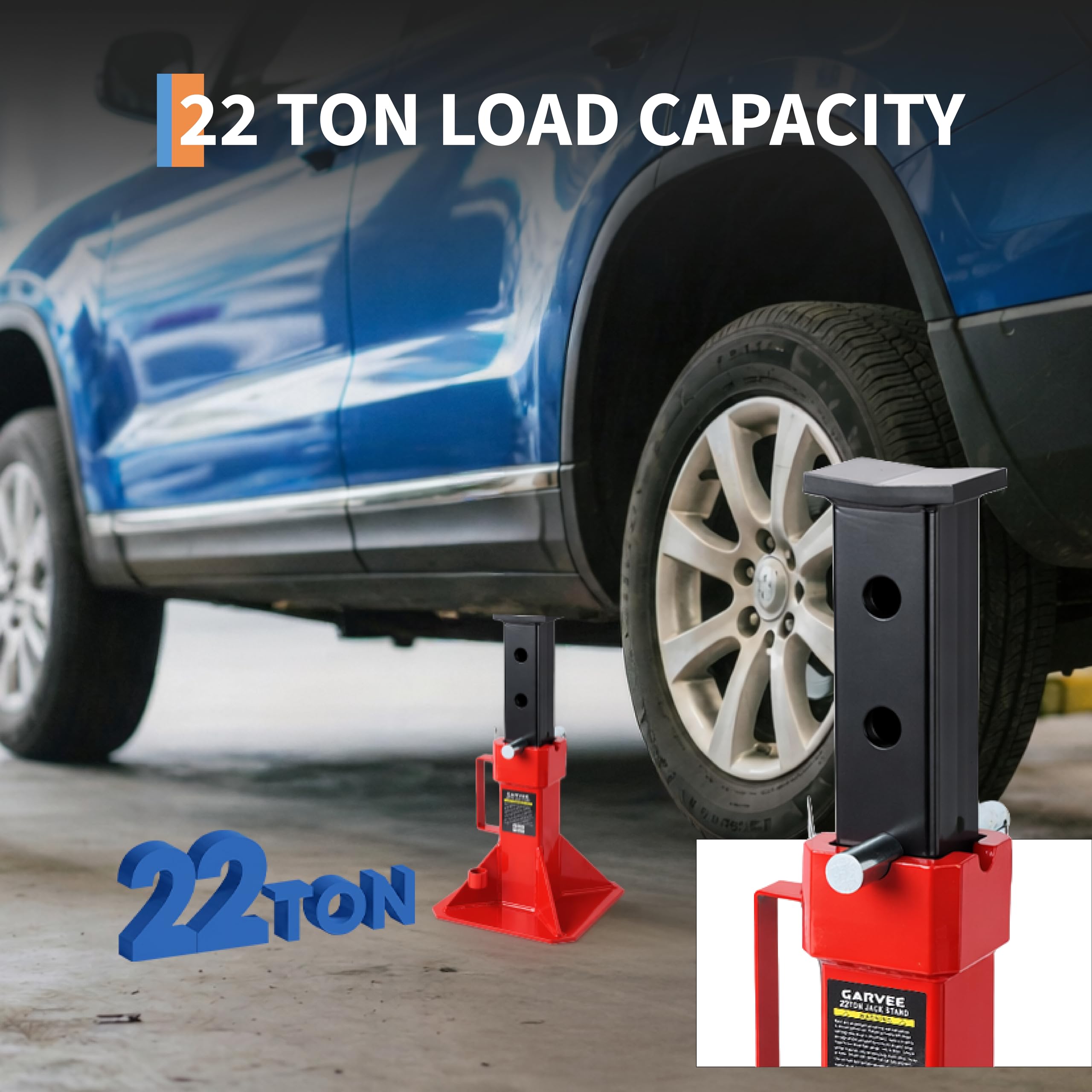 Garvee 22 Ton Jack Stands, Heavy-Duty Pin-Type Car Jack Stands with Lock, Wide Base Safety Design, Adjustable Height (13.8"-19.7") for Trucks, Trailers, and Equipment, Red
