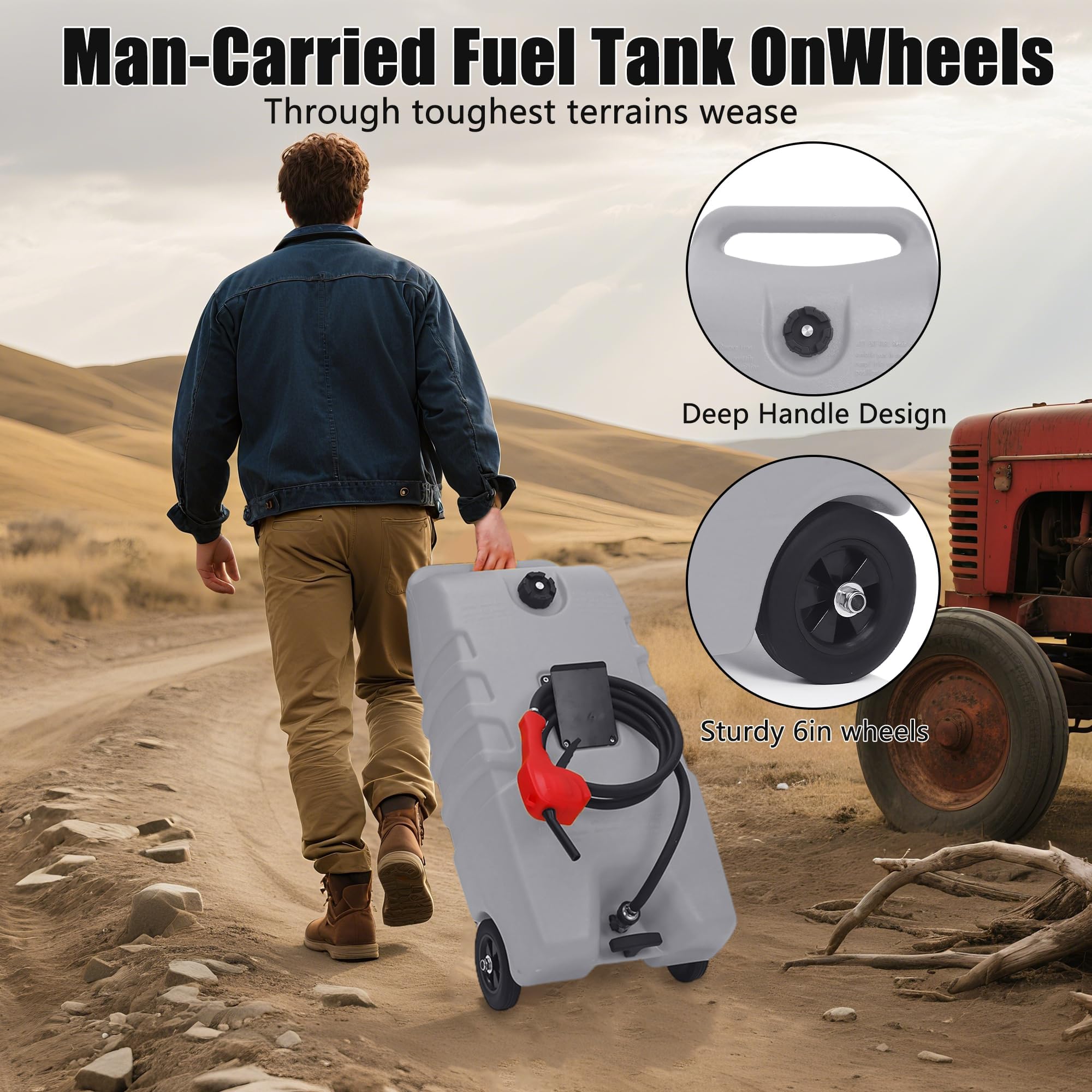 Garvee 14 Gallon Gas Can Fuel Caddy with Manual Pump, Leak-Proof Dual-Valve, HDPE Material, Wheels & 10ft Hose, for Cars & Boats, Grey