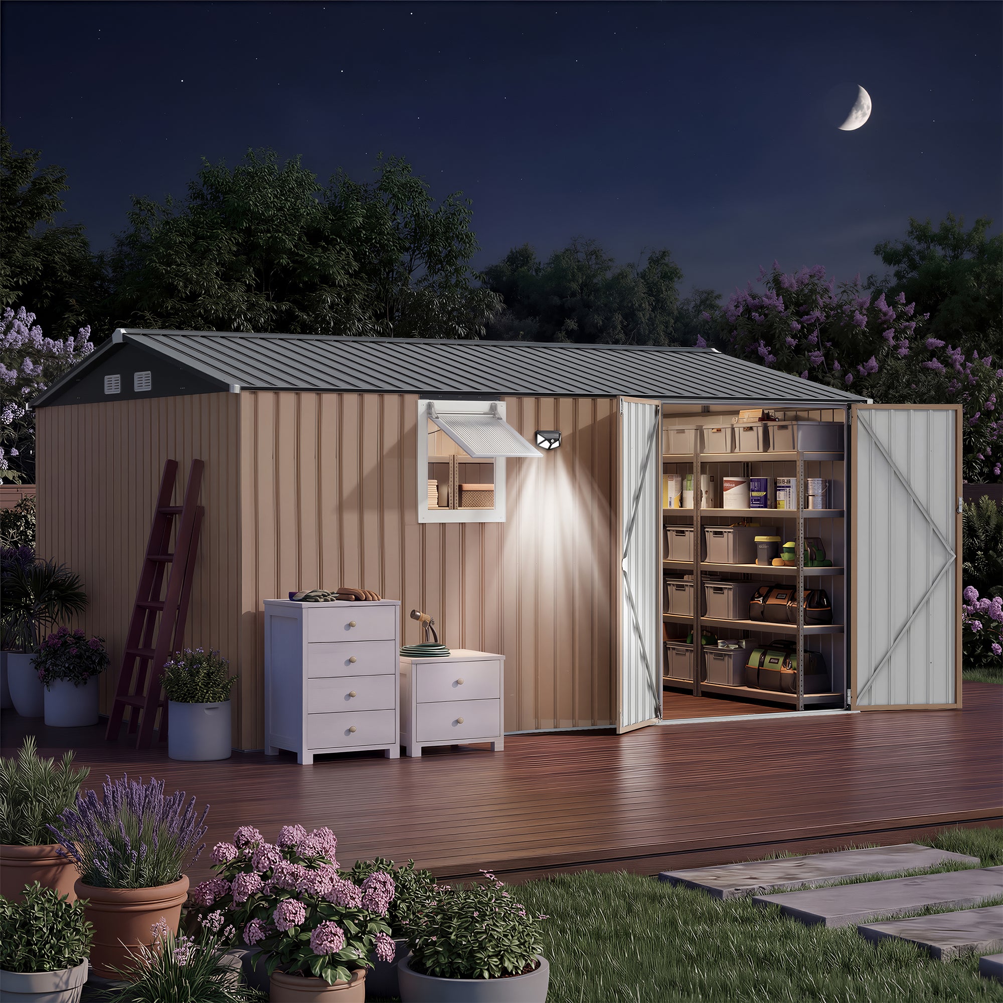 Garvee Metal Outdoor Storage Shed 10 ft x 12 ft – Heavy-Duty Lockable Garden Storage Cabinet with Doors & Windows, Weather-Resistant for Patio, Lawn & Backyard, Brown & Black