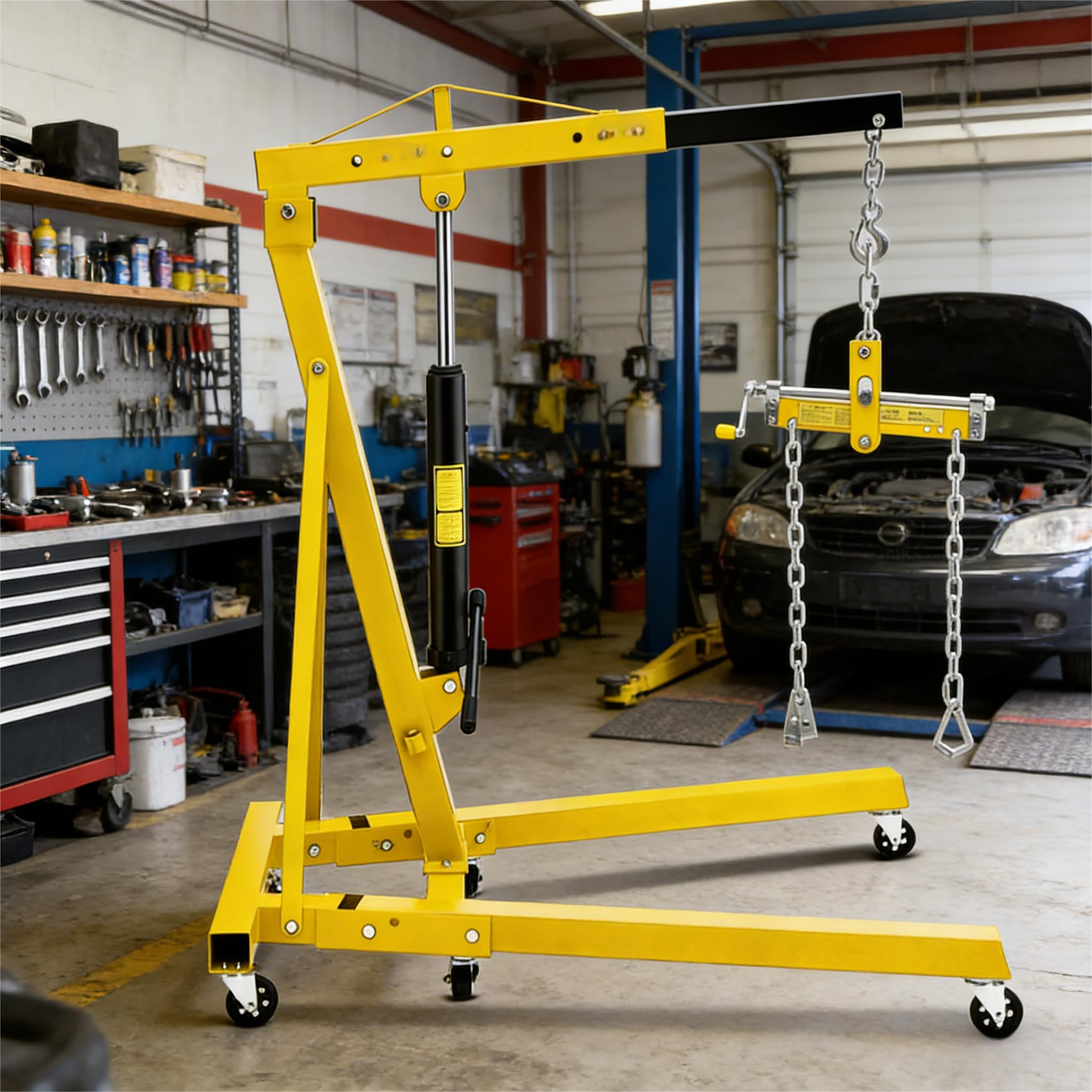 Garvee 2 Ton Hydraulic Engine Hoist with Lever Stabilizer, 4 Adjustable Boom, High-Strength Steel, 6 Swivel Casters, Foldable Design for Auto Repair