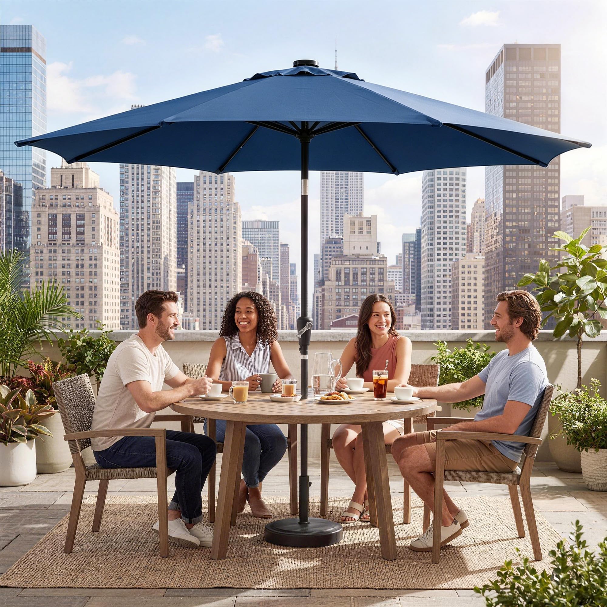 Garvee 10 FT Solar LED Patio Umbrella with 32 Lights, Round Outdoor Market Umbrella with Crank Lift, Push-Button Tilt and 8 Iron Ribs for Table, Deck and Pool, Navy Blue