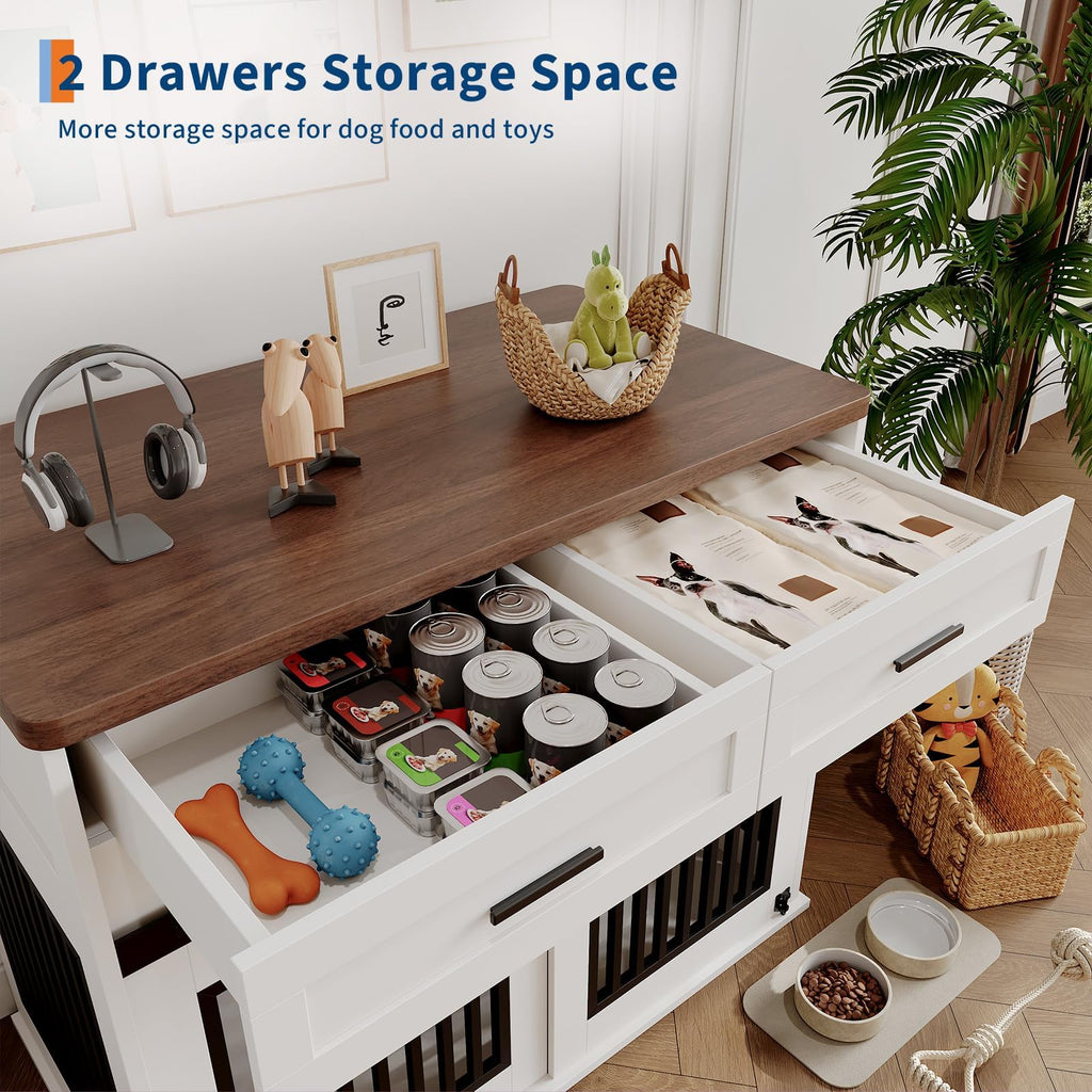 Garvee Heavy Duty Wooden Dog Crate Furniture with Sliding Barn Door and 2 Storage Drawers, Indoor Dog Kennel End Table with Hook, Farmhouse Style Dog Crates for Medium/Large Dogs, White