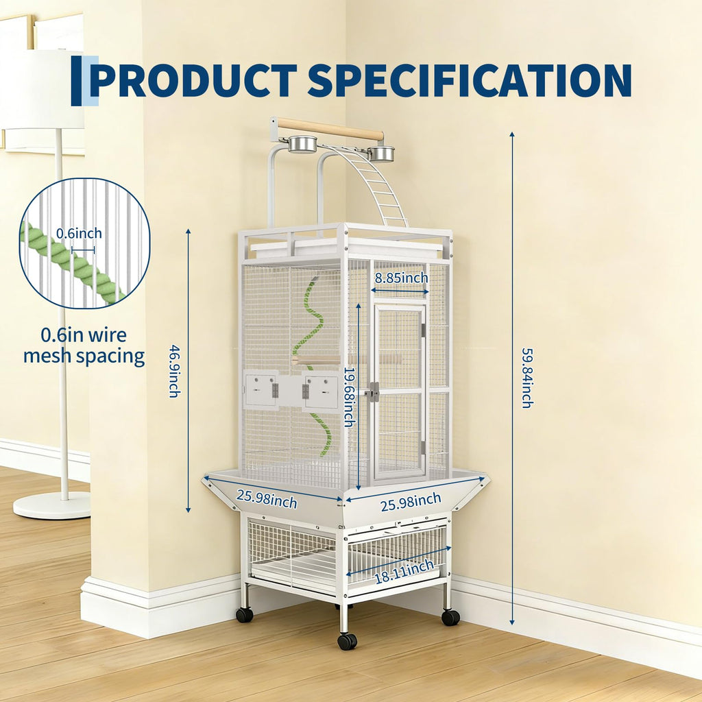 Garvee 60"h Bird Cage, Parakeet Cage with Playtop, Bird Rope Perche, Feed Bowls, White Parrot Cage for Parakeets, Conures, Cockatiel, Cockatoo