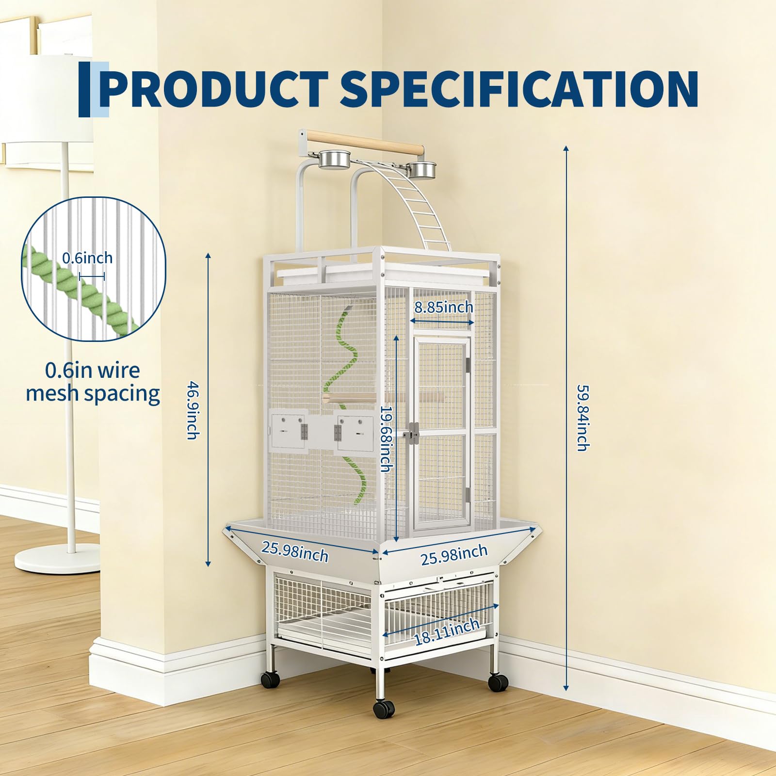 Garvee 60"h Bird Cage, Parakeet Cage with Playtop, Bird Rope Perche, Feed Bowls, White Parrot Cage for Parakeets, Conures, Cockatiel, Cockatoo