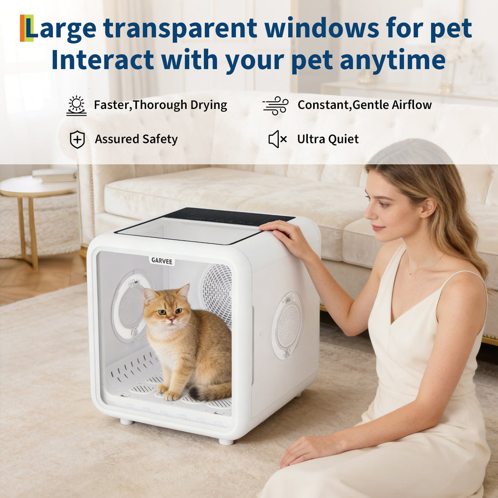Garvee 72L Pet Dryer Box for Cats & Small Dogs, 360° Airflow Drying Machine with Smart Temperature Control, Low Noise & LED Display, 5 Air Outlets, White