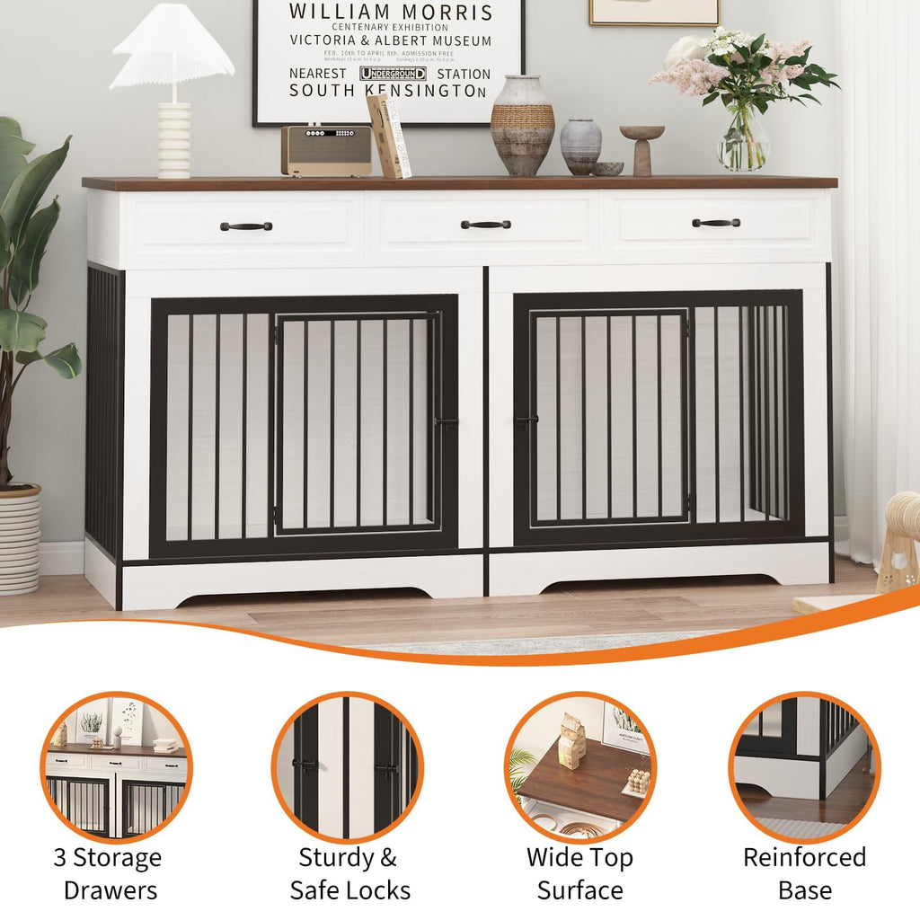 Garvee 71" Dog Crate Furniture for 2 Dogs, Heavy Duty Double Dog Kennel with 3 Drawers, Extra Large Furniture Style Indoor Dog Crate Table TV Stand  for Medium/Large Dogs, White&Walnut