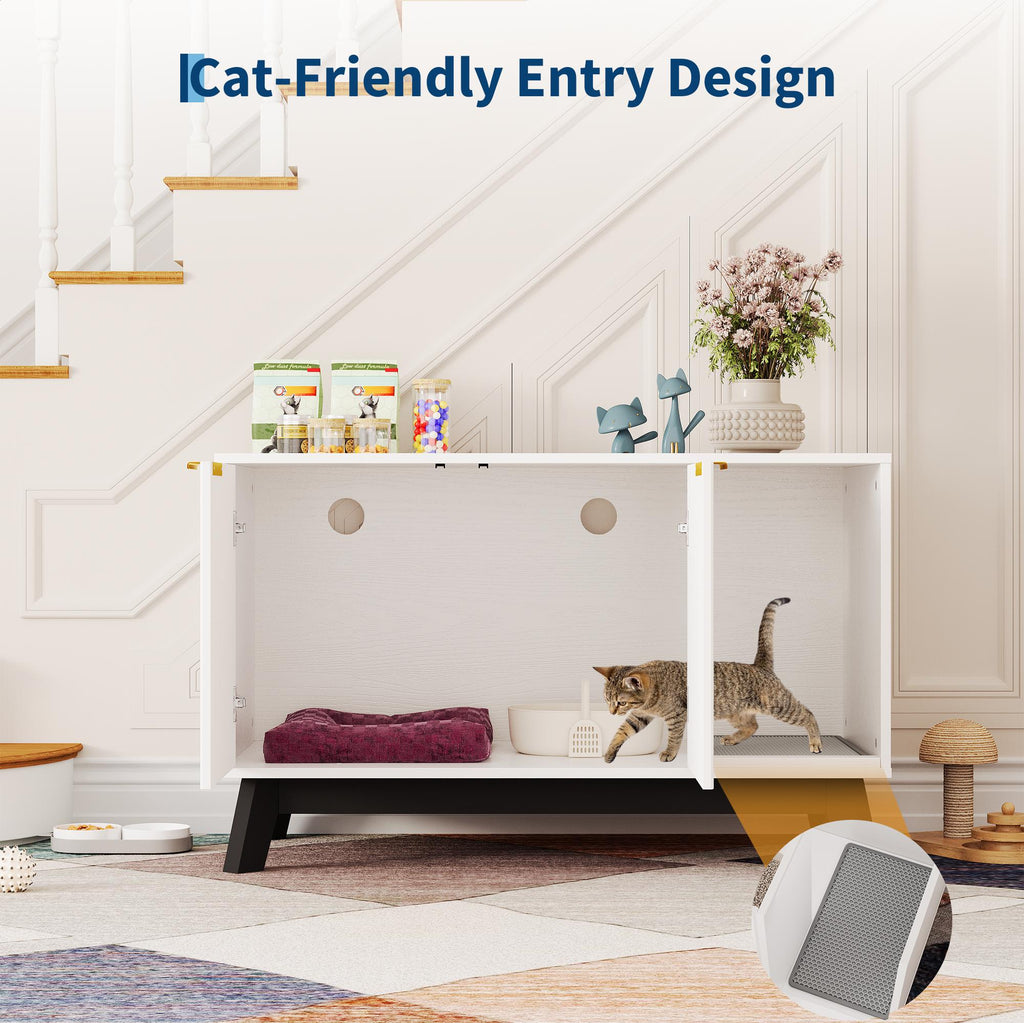 Garvee Cat Litter Box Enclosure Hidden Litter Box Furniture with Scratch Pad Cat House Wooden Cat Washroom Cabinet 2-in-1 for Living Room, Hallway, White