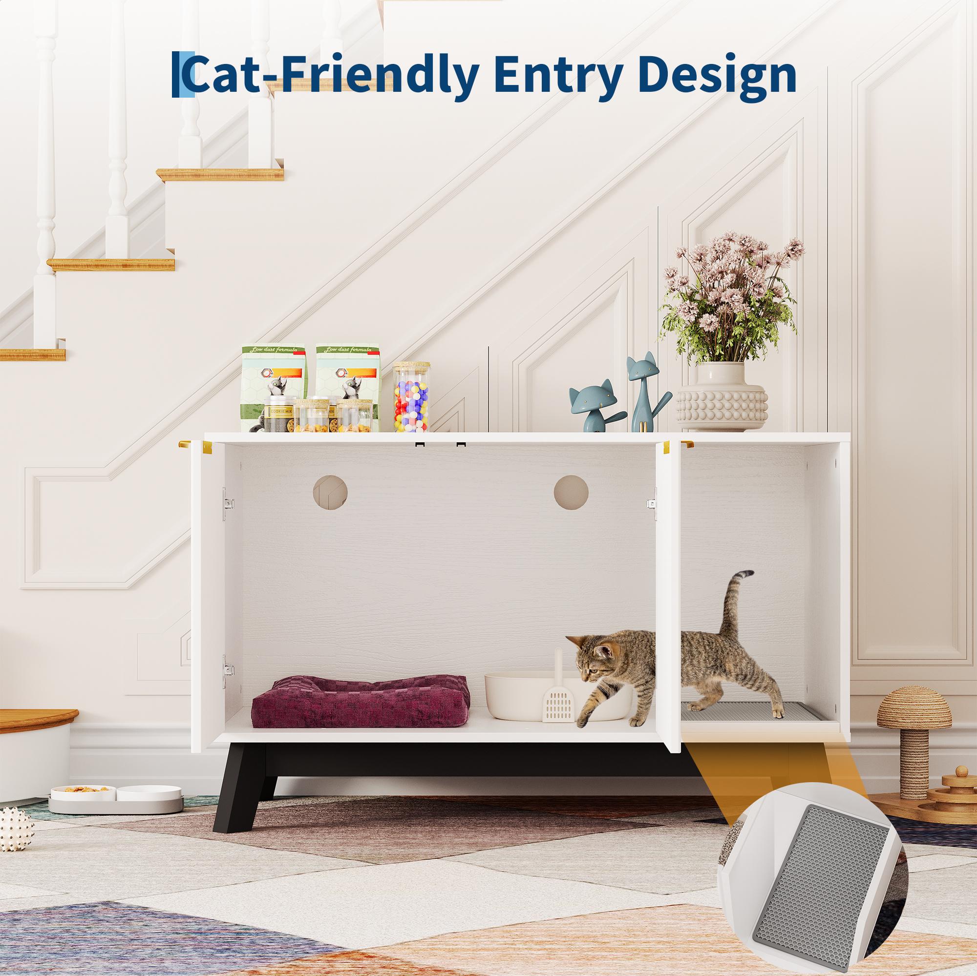 Garvee Cat Litter Box Enclosure Hidden Litter Box Furniture with Scratch Pad Cat House Wooden Cat Washroom Cabinet 2-in-1 for Living Room, Hallway, White