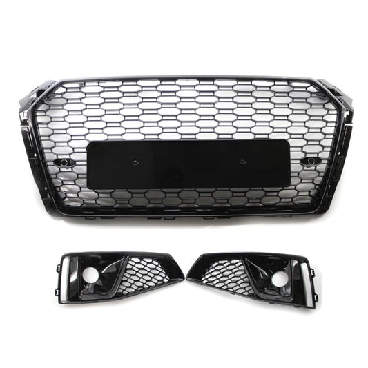 Garvee Front Grille & Fog Light Bezels for 2018-2020 Audi A4L S-Line European Spec, Honeycomb Mesh, Gloss Black ABS, Direct Fit, UV Resistant, Sporty Upgrade
