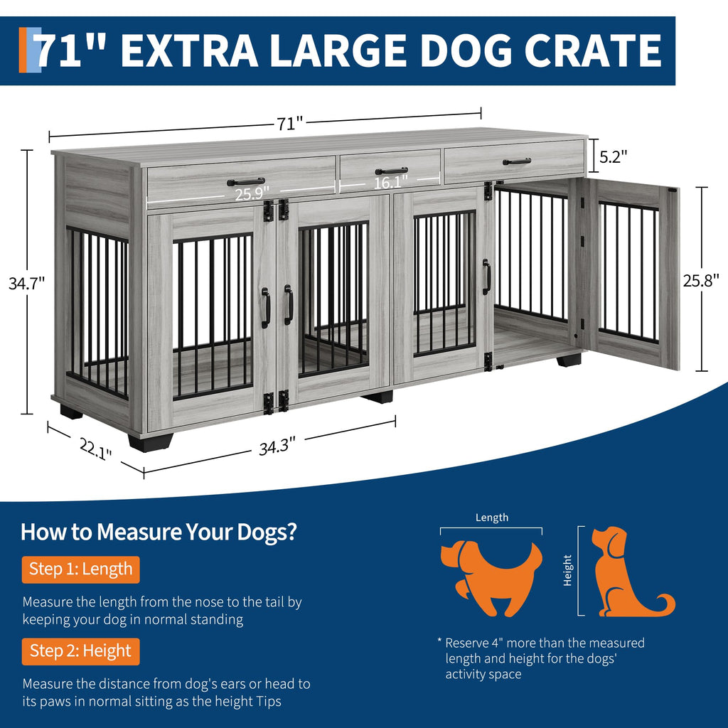 Garvee 71" Double Wooden Dog Crate Furniture for 2 Dogs, Heavy Duty, Spacious, MDF & Iron, Three-Drawer Storage, TV Stand, Small to Large Dogs