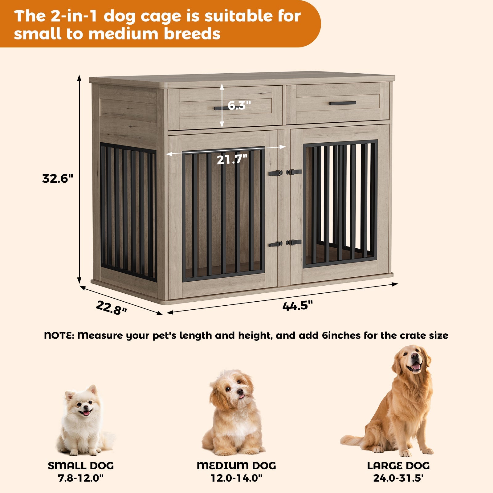 Garvee 44.5 Inch Large Dog Crate Furniture with 2 Storage Drawers,Wooden Dog Kennel Furniture As End Table, Decorative Pet Cage Dog House Indoor for Medium/Large Dogs, Chew-Proof, Gray