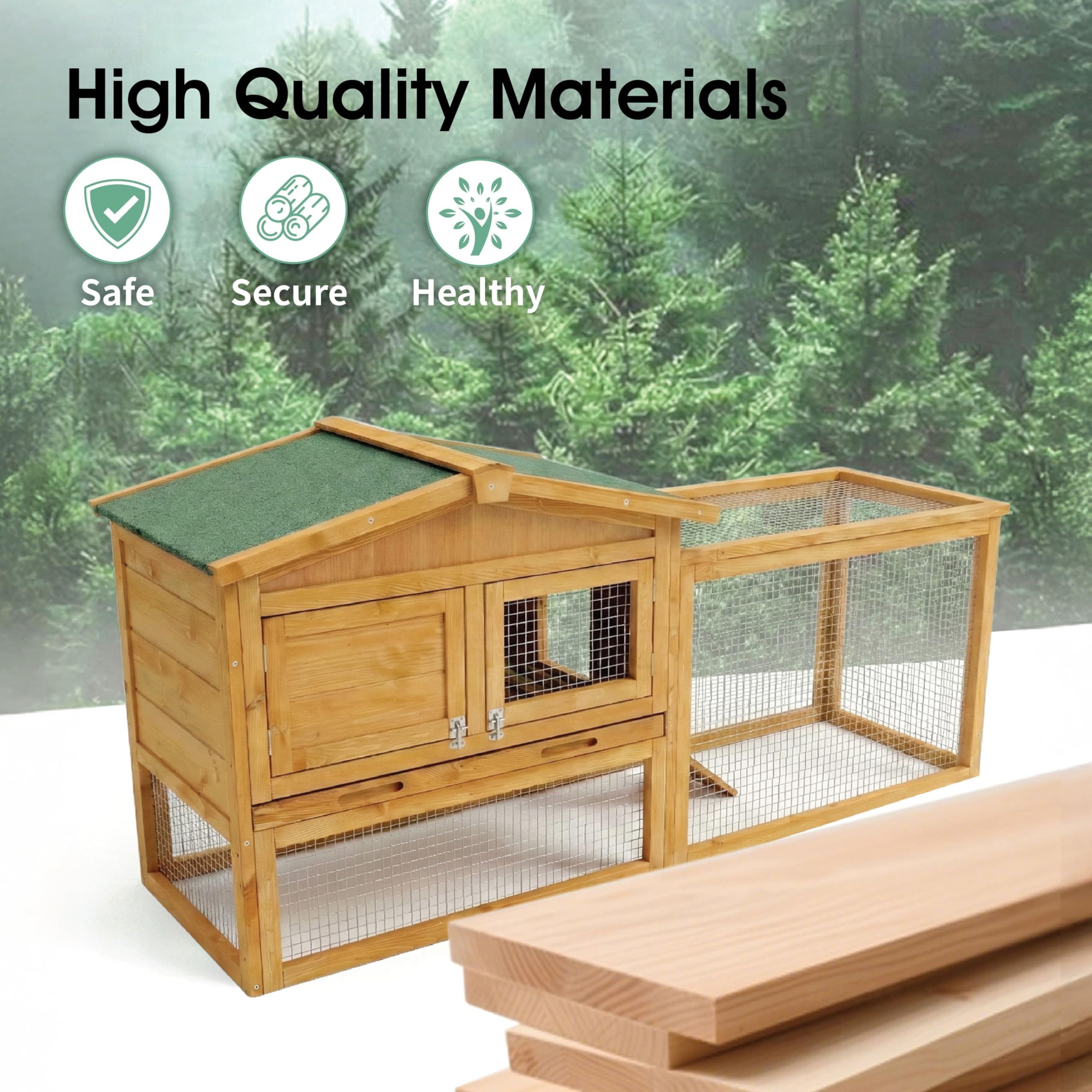 Garvee Spacious 2-Story Wooden Small Animal Cage for Rabbits, Guinea Pigs & Chickens - Weatherproof Hutch with Anti-Chew Metal Frame, Leak-Proof Removable Tray, Secure Wire Netting, Indoor & Outdoor Use, Natural Wood Color