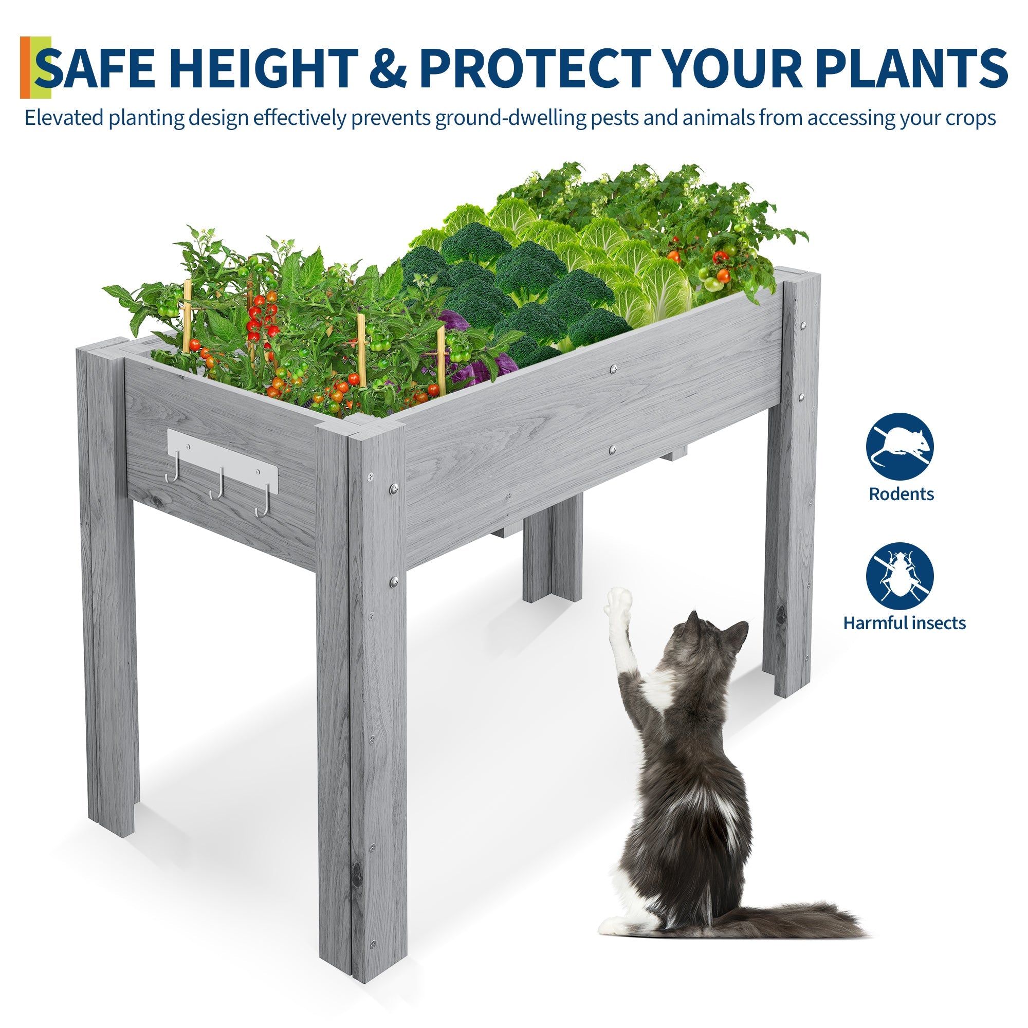 Garvee Ergonomic Wooden Raised Garden Bed with Legs & Hooks, 47" x 30" x 22" Large Outdoor Planter Box with Non-Woven Liner, Easy Assembly for Vegetables, Herbs & Flowers, Gray