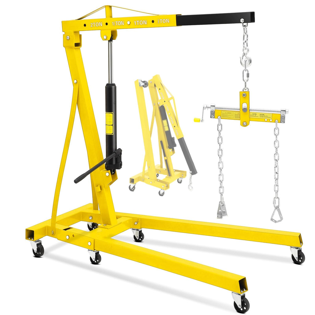Garvee 2 Ton Folding Hydraulic Engine Hoist with Leveler, Telescopic Boom, Steel Frame, 6 Wheels, Foldable Design for Garage Workshop, Yellow