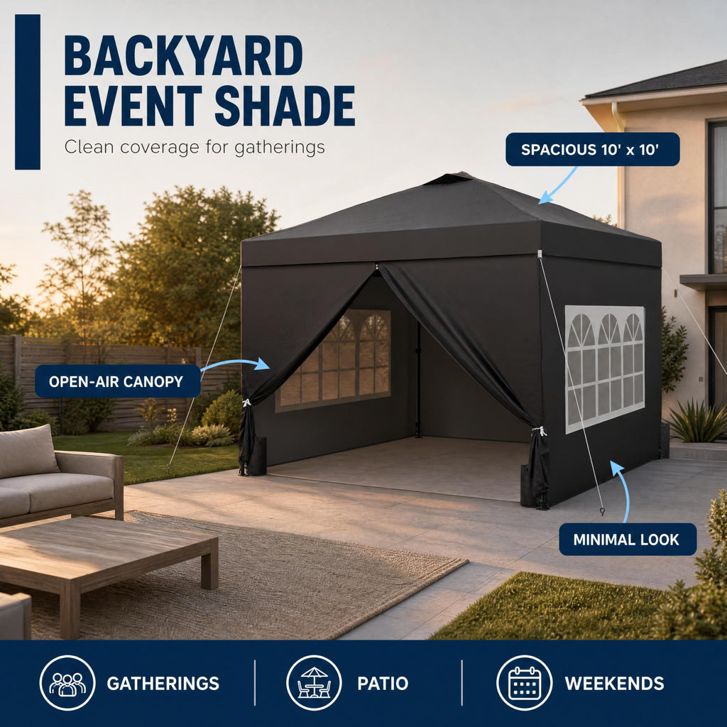 Garvee Pop Up Gazebo, 10 x 10 FT Steel Frame Canopy with 4 Removable Sidewalls, Mesh Windows and Zipper Doors for Parties and Backyard Events, Black