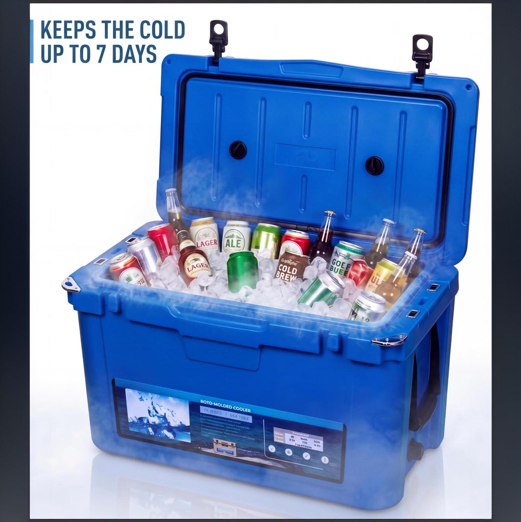 Garvee Extra-Thick Insulated Camping Cooler 45qt - Portable Ice Chest Keeps Ice Up to 7 Days - Strap & Handle - Ideal for Food, Drinks, Beach, Picnic, Fishing, Boating - Blue - KUER-F-45 Blue 280C blue