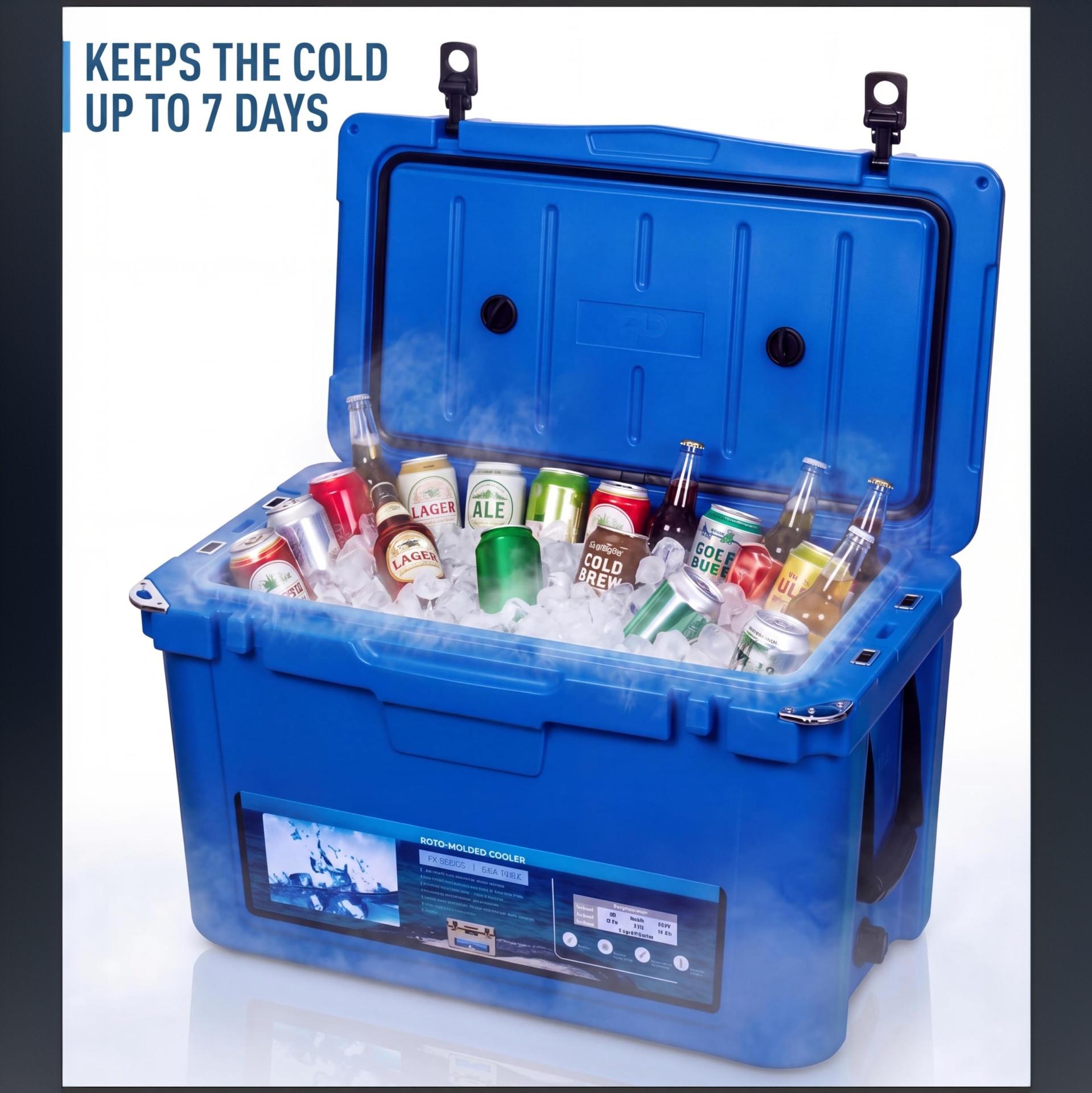 Garvee Extra-Thick Insulated Camping Cooler 45qt - Portable Ice Chest Keeps Ice Up to 7 Days - Strap & Handle - Ideal for Food, Drinks, Beach, Picnic, Fishing, Boating - Blue - KUER-F-45 Blue 280C blue