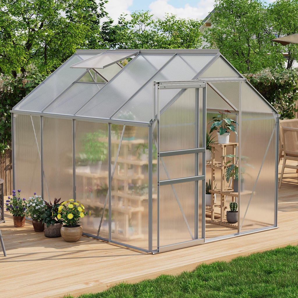 Garvee 6 x 8 FT Polycarbonate Greenhouse with Aluminum Frame, Sliding Door & Adjustable Roof Vent, Heavy-Duty Outdoor Greenhouse for Backyard, Garden, Patio