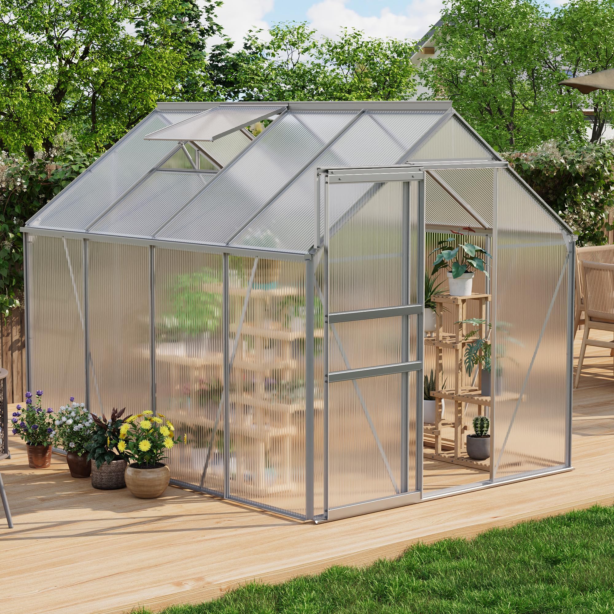Garvee 6 x 8 FT Polycarbonate Greenhouse with Aluminum Frame, Sliding Door & Adjustable Roof Vent, Heavy-Duty Outdoor Greenhouse for Backyard, Garden, Patio
