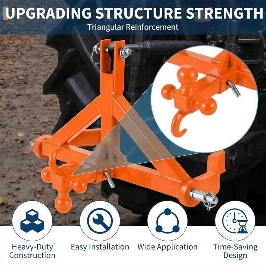 Garvee 3 Point Trailer Hitch 2" Receiver and Towing Ball Hitch with Hook Heavy Duty Cat.1 Tractor Drawbar 3Pt Quick Hitch Attachment for Kubota, Category 1 Subcompact Tractor Farm Equipment