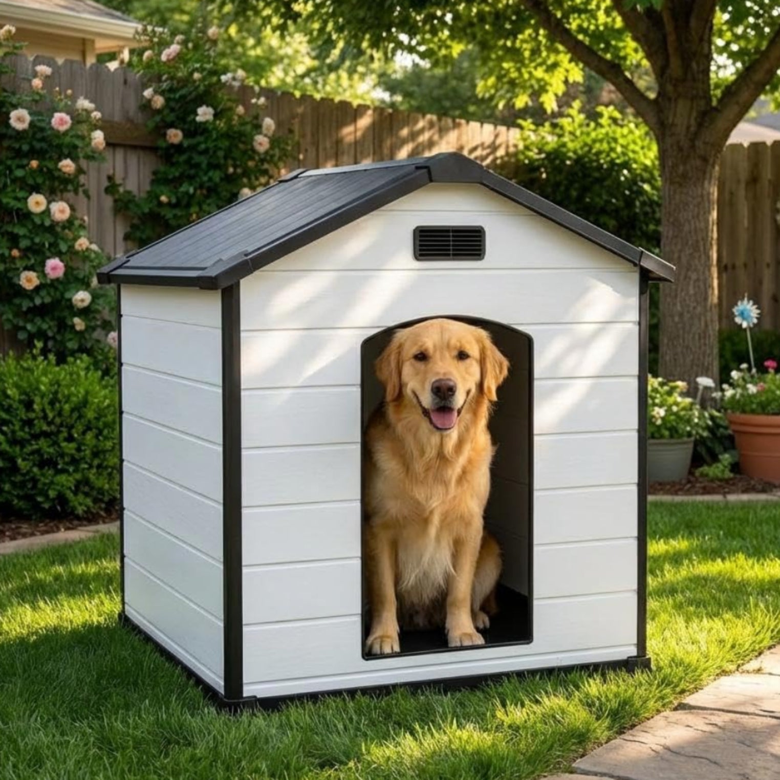 Garvee XLarge Dog House Indoor Outdoor Waterproof, 57" Heavy Duty Plastic Large Breed Dog Kennel with Raised Floor, Removable Roof & Air Vent for Small to XL Dogs, Easy Assembly