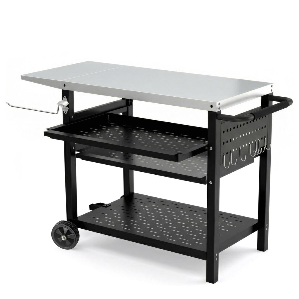 Garvee Stainless Steel Outdoor Picnic Table with 3 Shelves & Pegboard, Adjustable Drawer, Rust-Resistant Steel, Mobile Grill Cart with Wheels & Handles for Garden BBQ