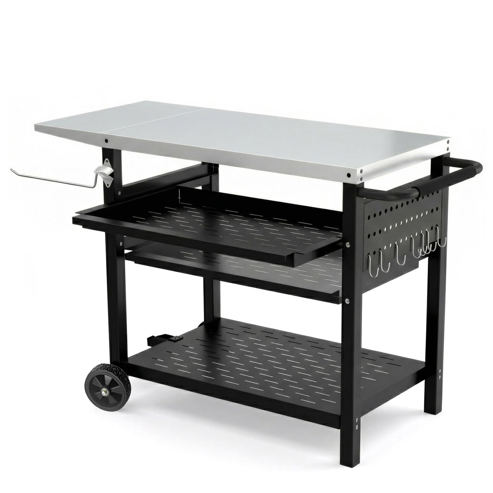 Garvee Stainless Steel Outdoor Picnic Table with 3 Shelves & Pegboard, Adjustable Drawer, Rust-Resistant Steel, Mobile Grill Cart with Wheels & Handles for Garden BBQ