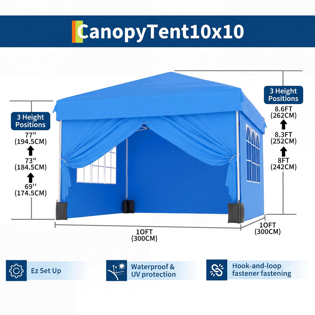 Garvee 10x10 FT Pop Up Canopy Tent, 210D Waterproof Oxford Gazebo with 4 Removable Window Sidewalls, UPF 50+ Steel Frame Shelter for Camping, Backyard & Events, Blue