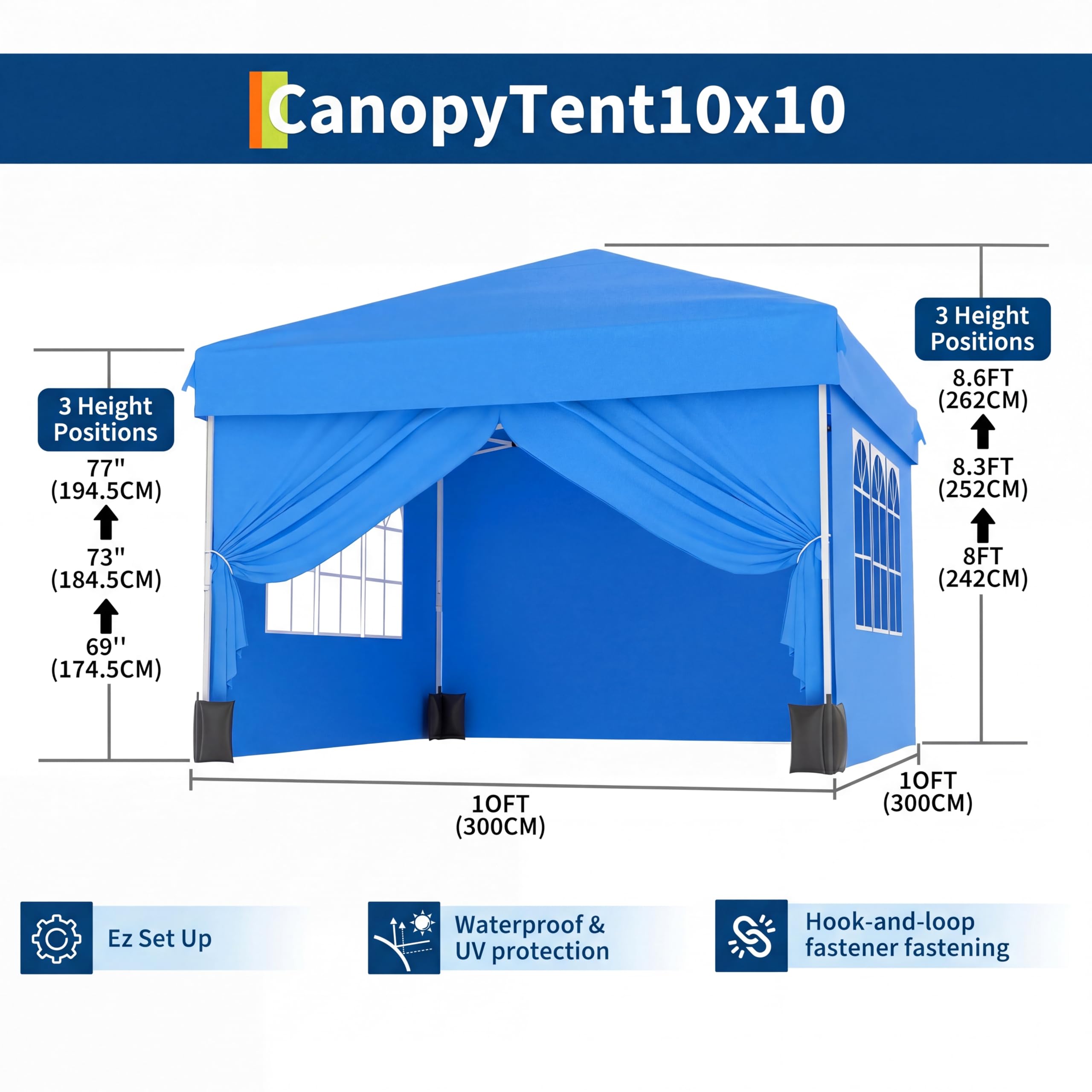 Garvee 10x10 FT Pop Up Canopy Tent, 210D Waterproof Oxford Gazebo with 4 Removable Window Sidewalls, UPF 50+ Steel Frame Shelter for Camping, Backyard & Events, Blue