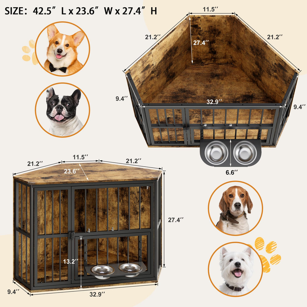 Garvee Space-Saving Corner Dog Crate Furniture – Wooden Indoor Kennel End Table with 360° Rotating Door, Stainless Steel Feeding Bowls, Decorative Design for Small Breeds, Vintage + Black Iron Frame, Brown