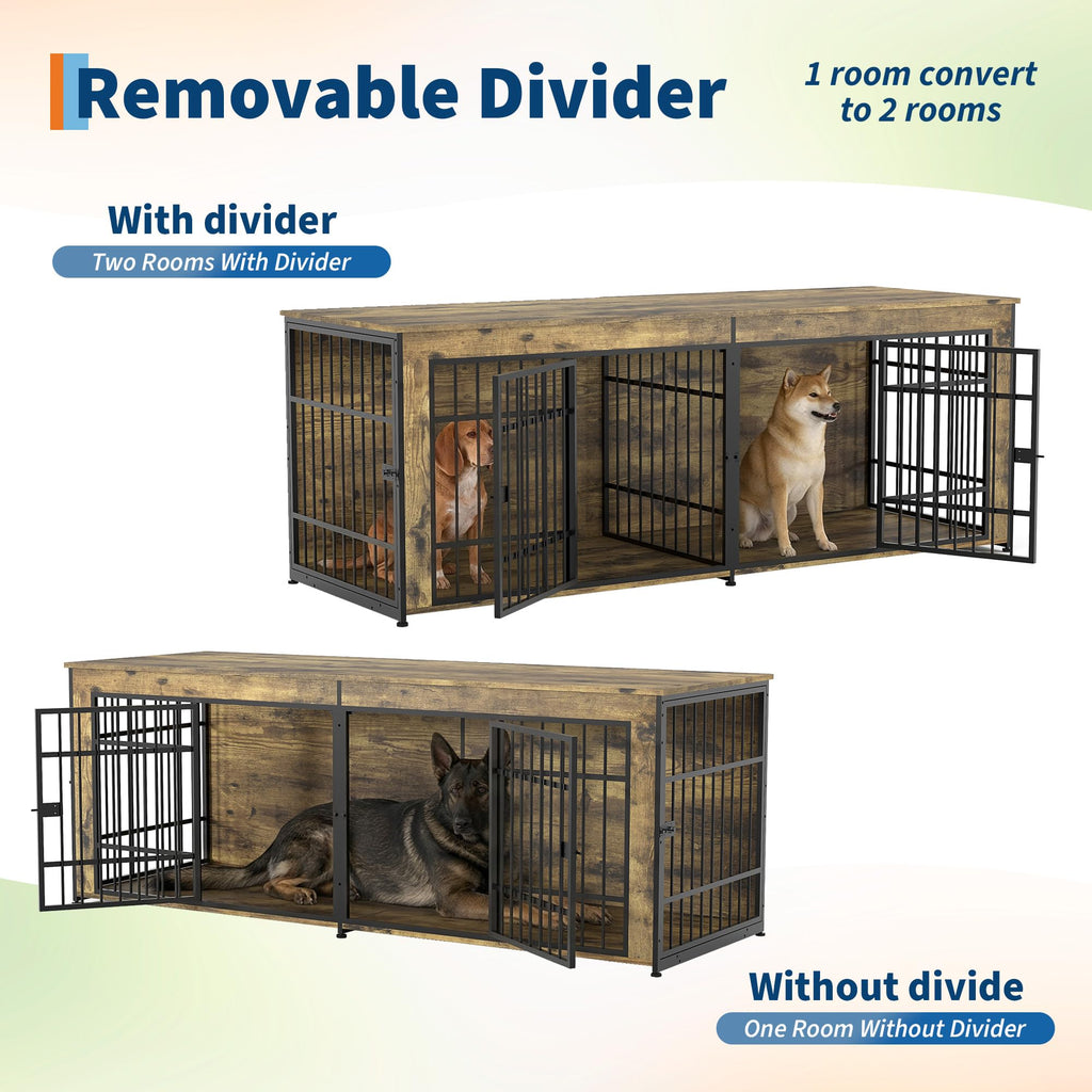 Garvee Heavy Duty Wooden Dog House Furniture – Large Kennel with Divider, 4 Doors, Storage, End Table Design, Adjustable Feet, Vintage Brown, 6.6ft