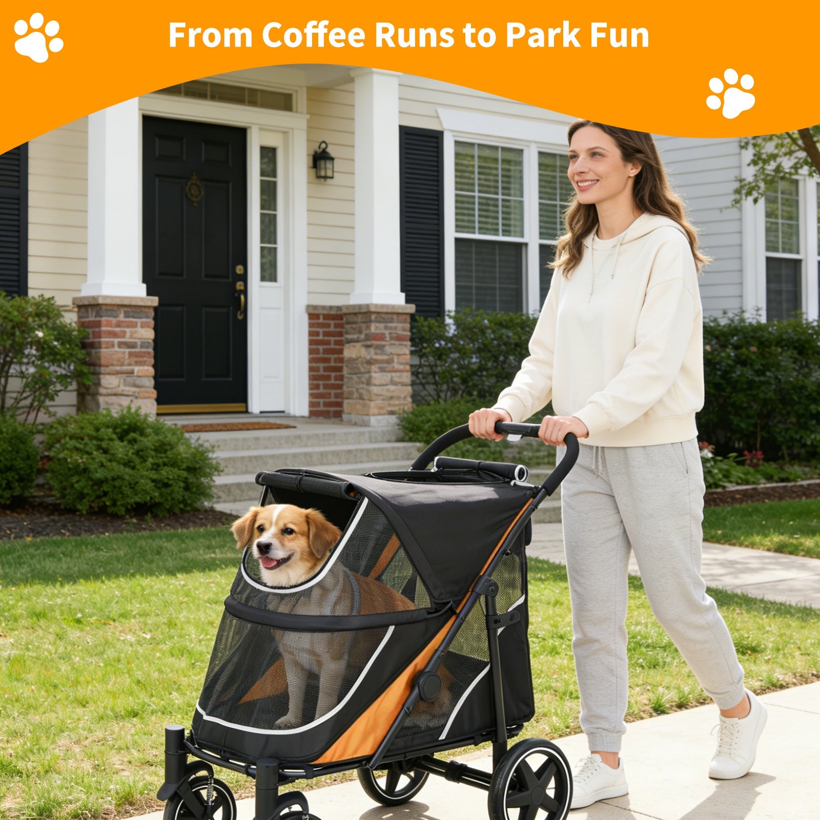 Garvee Large Dog Stroller for Large Dogs 88 lbs, One-Step Fold Pet Stroller with 11" All-Terrain Wheels, 360° Rotatable Front Wheels & Brakes, Heavy Duty, Dual Entry Doors for Senior Dogs, Orange