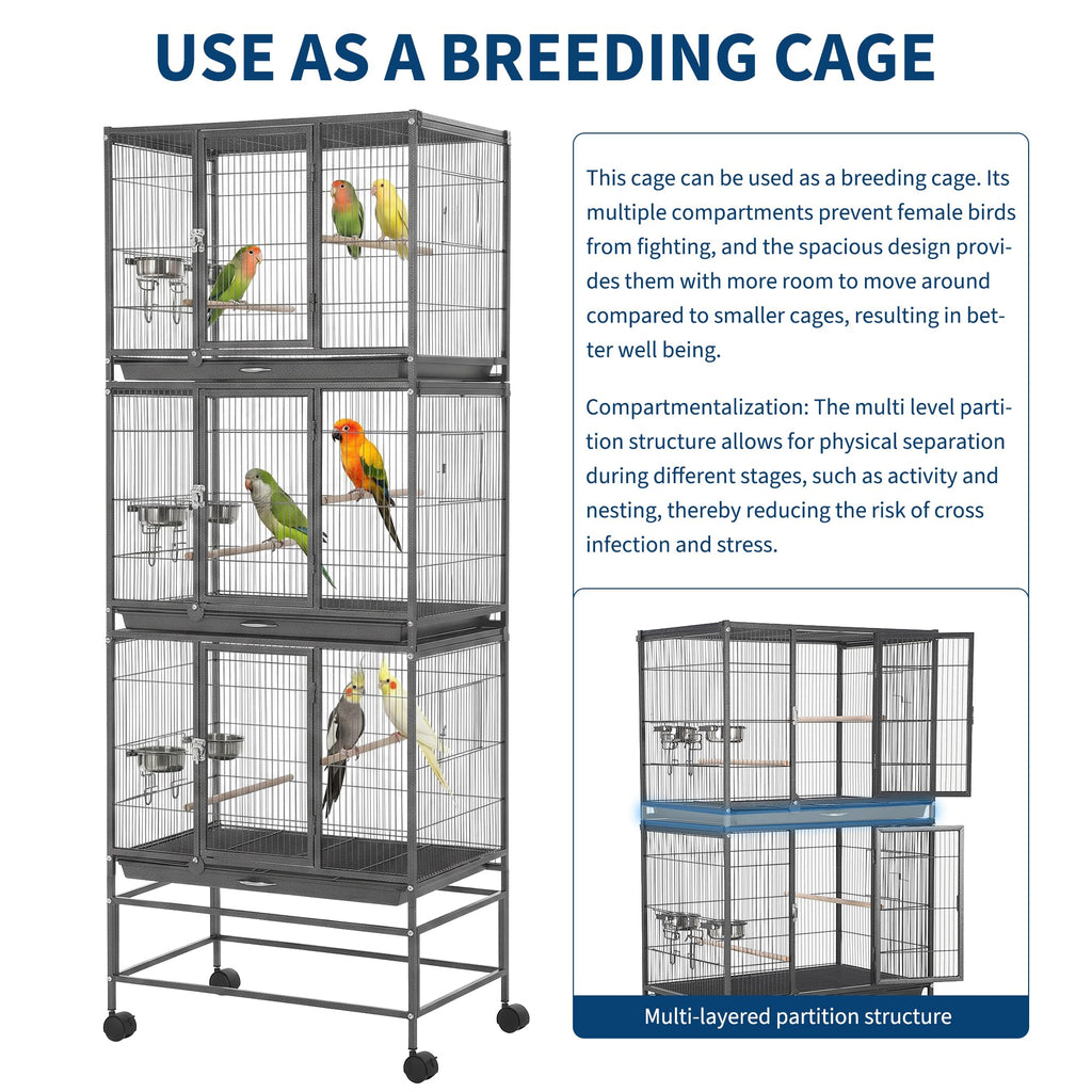 Garvee Heavy Duty Carbon Steel Bird Cage - 74 Inch Stackable Aviary with 3 Dividable Compartments, Removable Trays, Spacious Flight Enclosure for Parakeets, Cockatiels, Conures, Finches - Silver Black