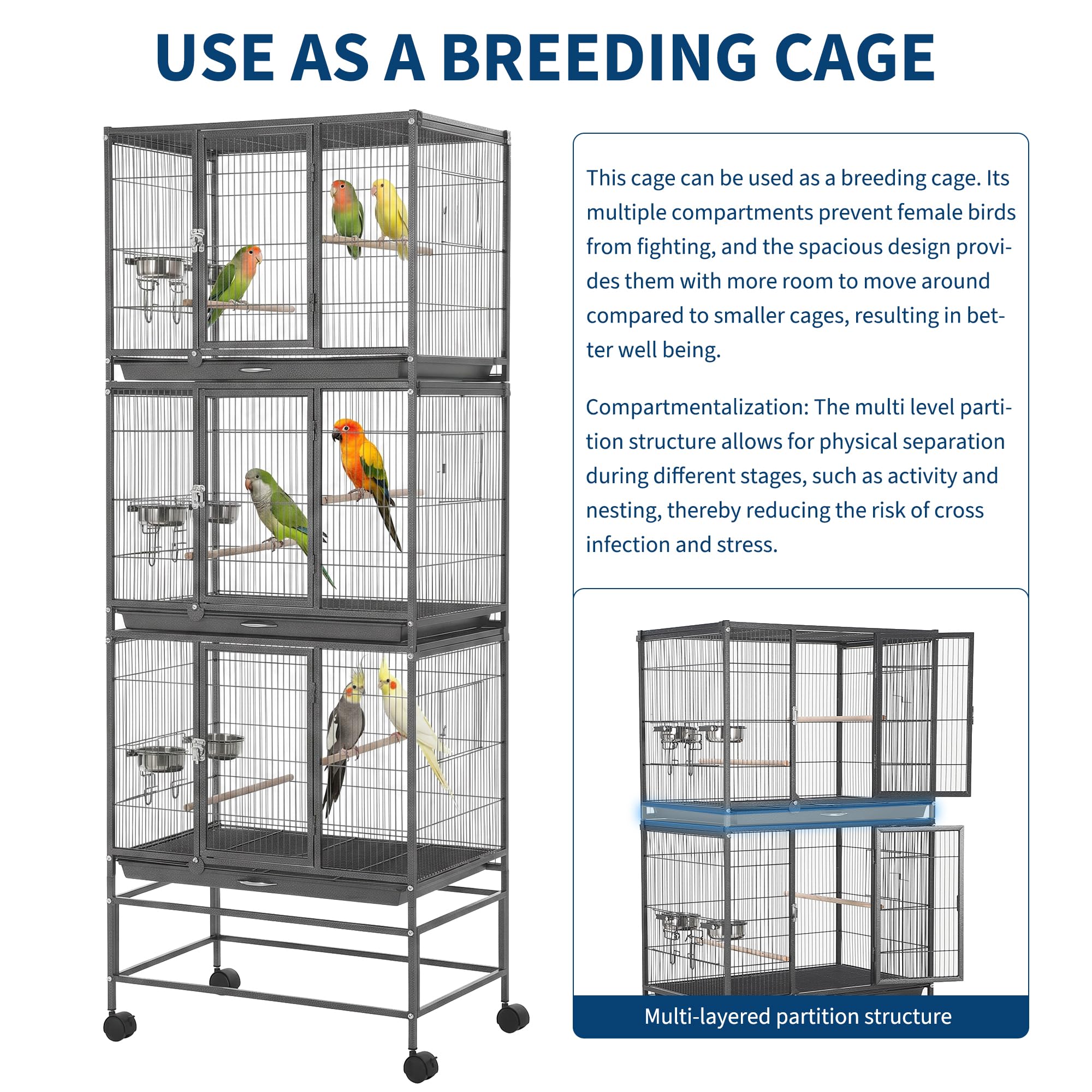 Garvee Heavy Duty Carbon Steel Bird Cage - 74 Inch Stackable Aviary with 3 Dividable Compartments, Removable Trays, Spacious Flight Enclosure for Parakeets, Cockatiels, Conures, Finches - Silver Black