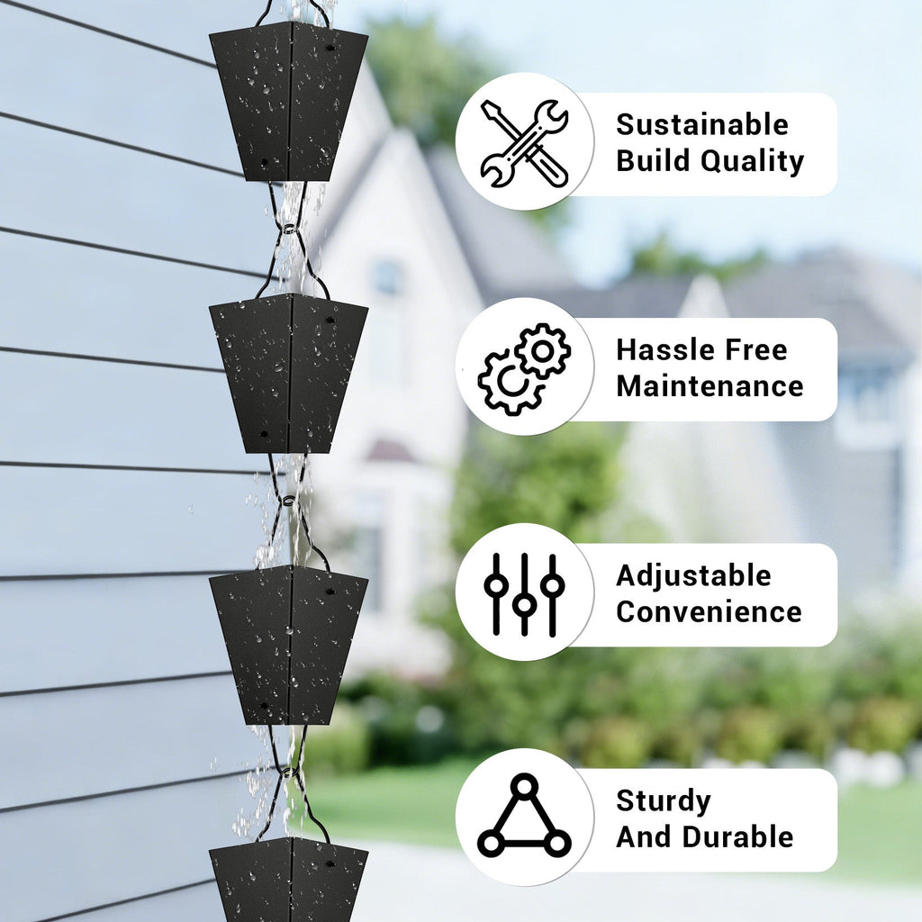 Garvee 10.5 ft Square Cup Rain Chain, Decorative Matte Black Metal Gutter Downspout Replacement with Hanging Hook for Garden, Patio and Home Exterior