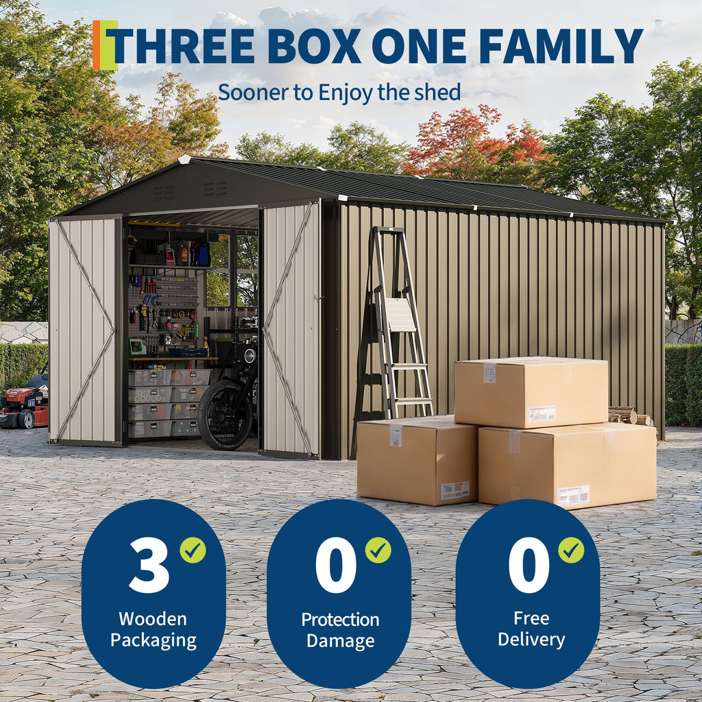 Garvee 10 x 12 FT Outdoor Storage Shed, 143 x 119 x 65 in Galvanized Steel Garden Shed with Lockable Door, Cross Windows and Peaked Roof, Brown