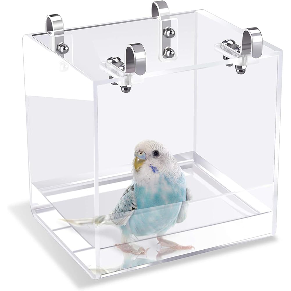 Garvee Small Transparent Acrylic Hanging Bird Bath Box – Leak-Proof Water Tub with Hook – Bird Cage Accessory for Parakeet, Cockatiel, Parrot – Small Size