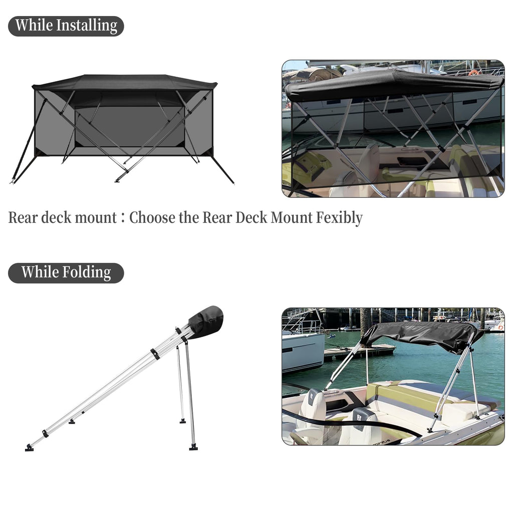 Garvee 4 Bow Bimini Top for Boats with Removable Zippered Translucent Side Curtains - Marine Grade 600D PU-Coated Canvas, Waterproof Sun Shade, 1" Aluminum Alloy Frame, Adjustable Straps, Rear Support Poles - Black - 8'L x 54"H x 73"-78"W (Translucent