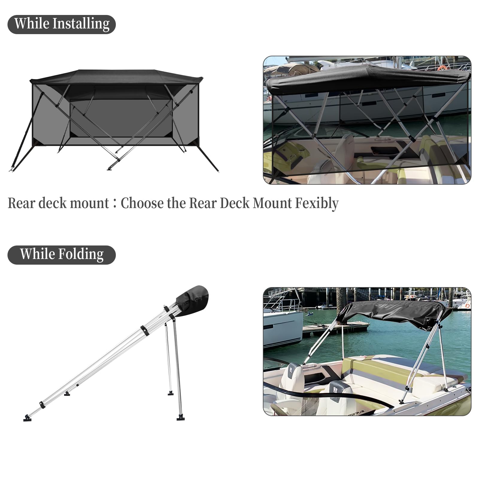 Garvee 4 Bow Bimini Top for Boats with Removable Zippered Translucent Side Curtains - Marine Grade 600D PU-Coated Canvas, Waterproof Sun Shade, 1" Aluminum Alloy Frame, Adjustable Straps, Rear Support Poles - Black - 8'L x 54"H x 73"-78"W (Translucent