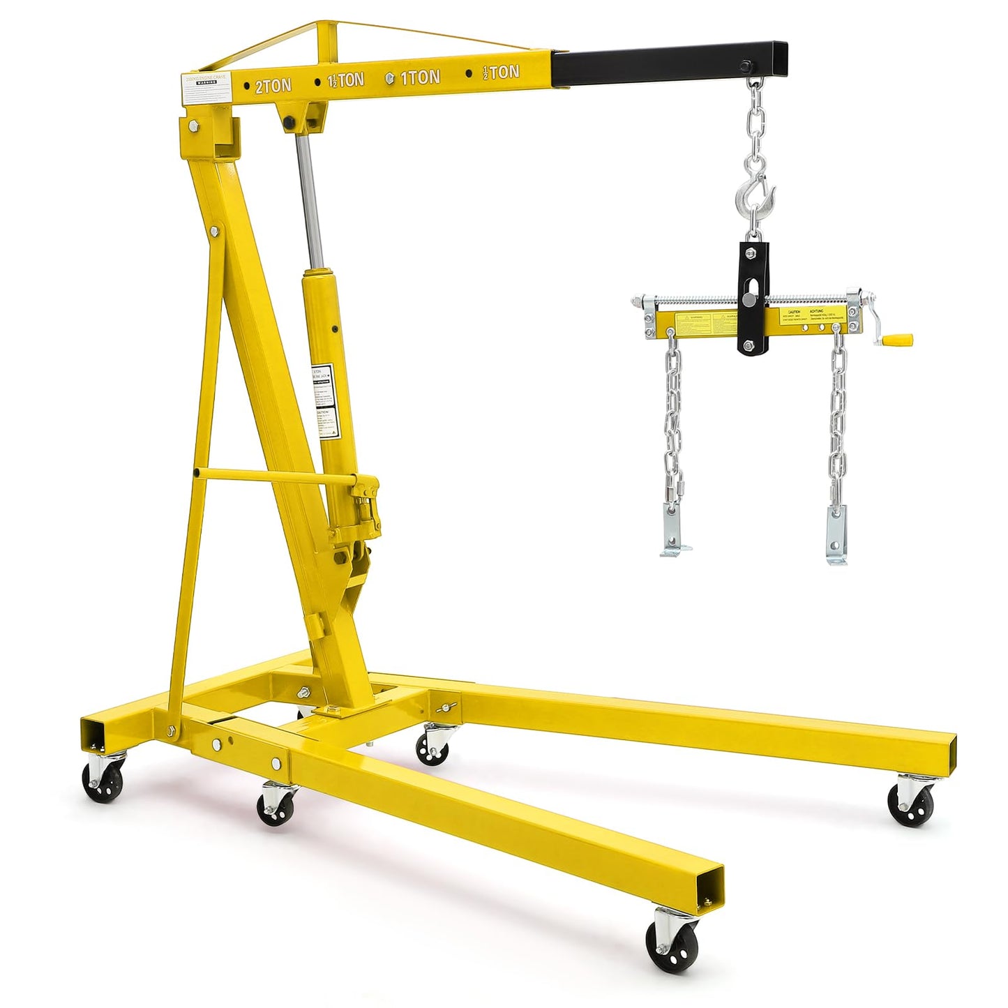 Garvee Heavy Duty 2 Ton Folding Hydraulic Engine Hoist - 4400 lbs Capacity Cherry Picker Crane with Load Leveler - 6 Swivel Wheels - Adjustable Boom (0.5T-2T) for Garage, Workshop, Warehouse - Yellow with leveler