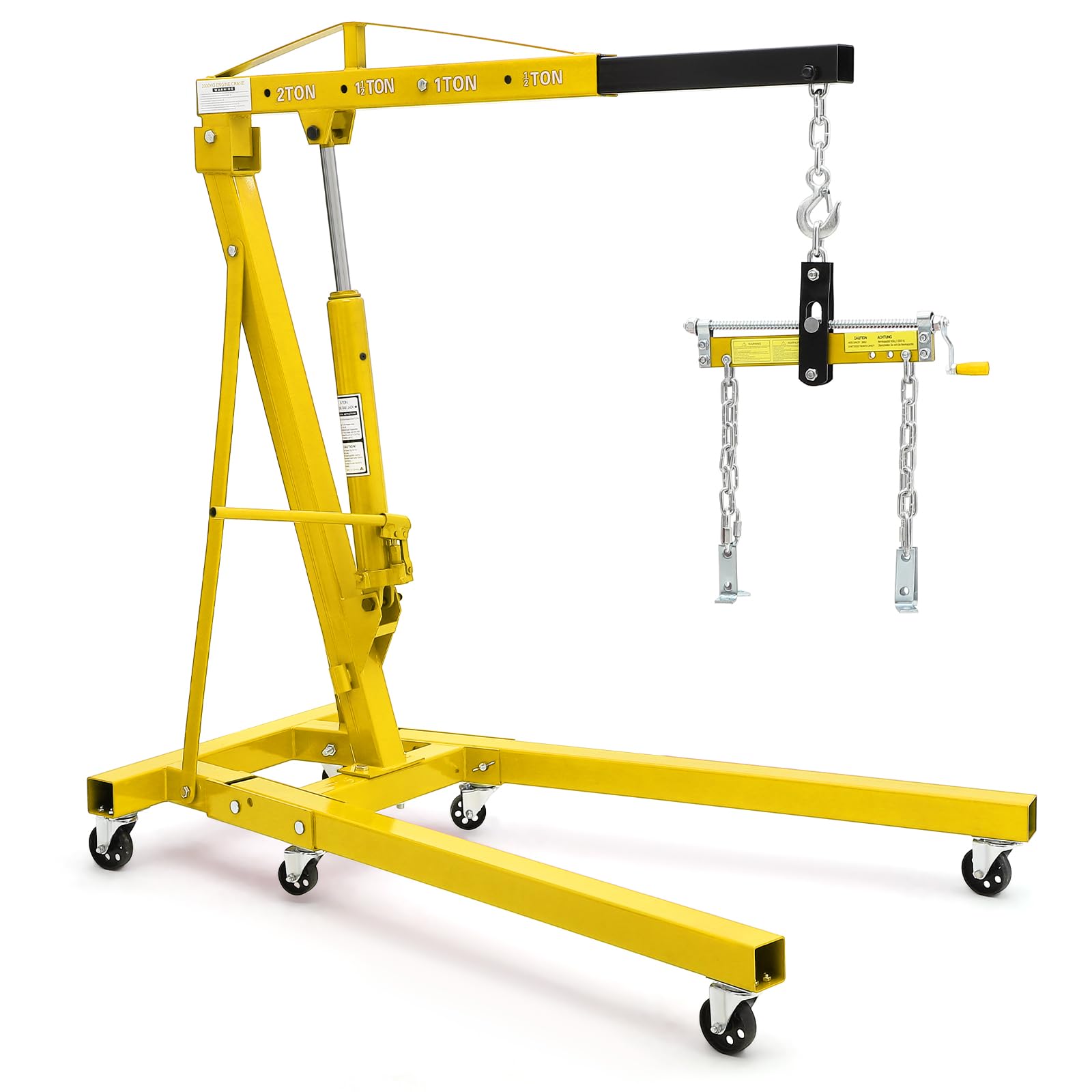 Garvee Heavy Duty 2 Ton Folding Hydraulic Engine Hoist - 4400 lbs Capacity Cherry Picker Crane with Load Leveler - 6 Swivel Wheels - Adjustable Boom (0.5T-2T) for Garage, Workshop, Warehouse - Yellow with leveler